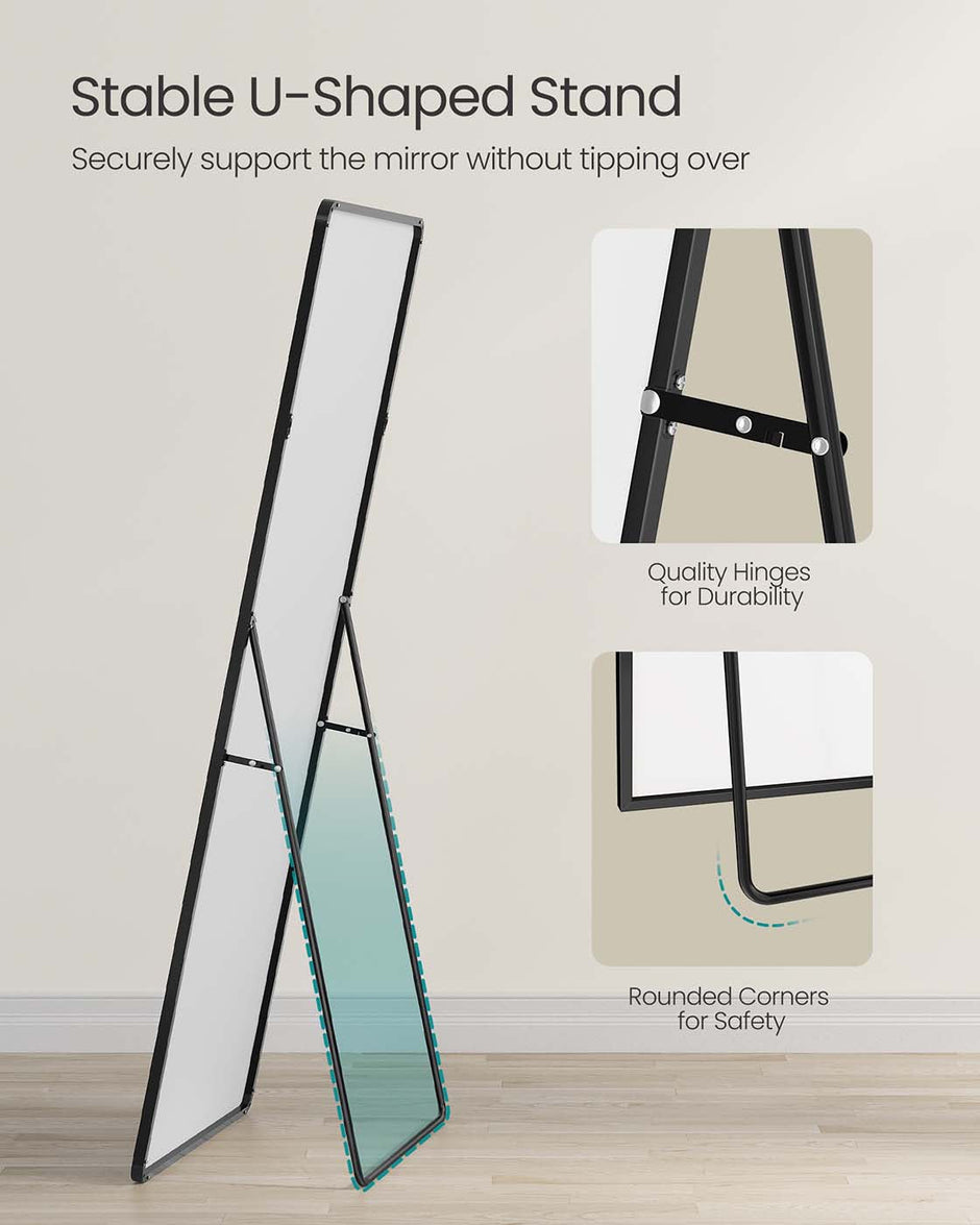 Full Length Mirror – Aluminium Alloy Frame – Ink Black – Free Standing Rectangular Design 165 x 60 cm