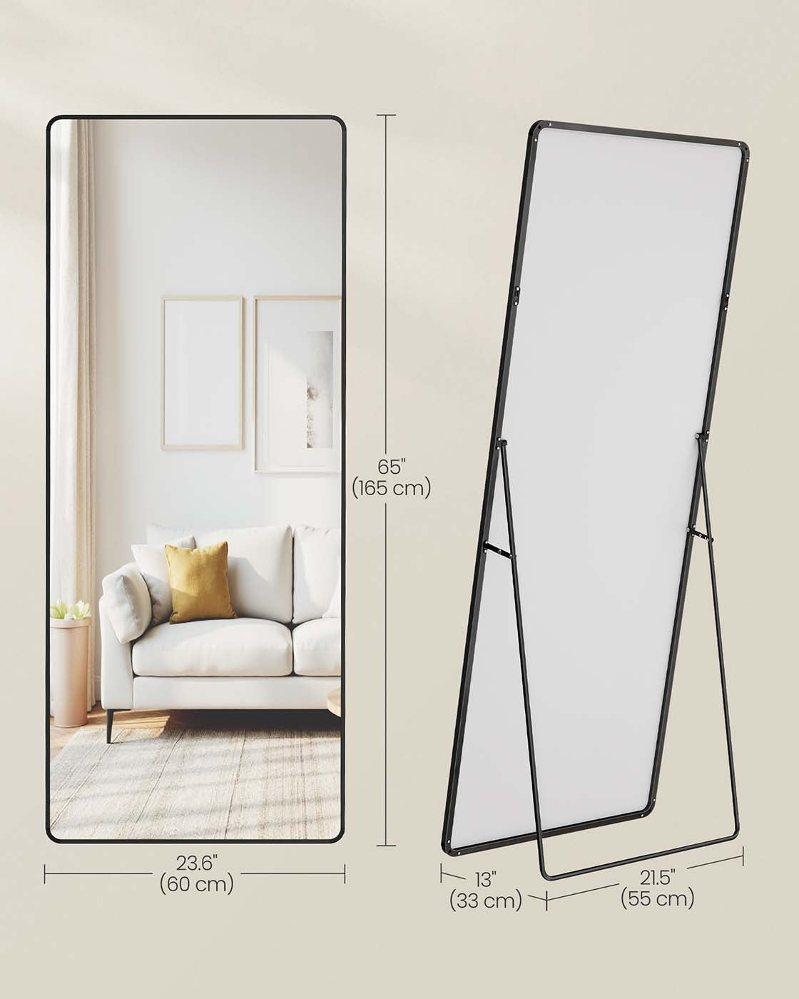 Full Length Mirror – Aluminium Alloy Frame – Ink Black – Free Standing Rectangular Design 165 x 60 cm