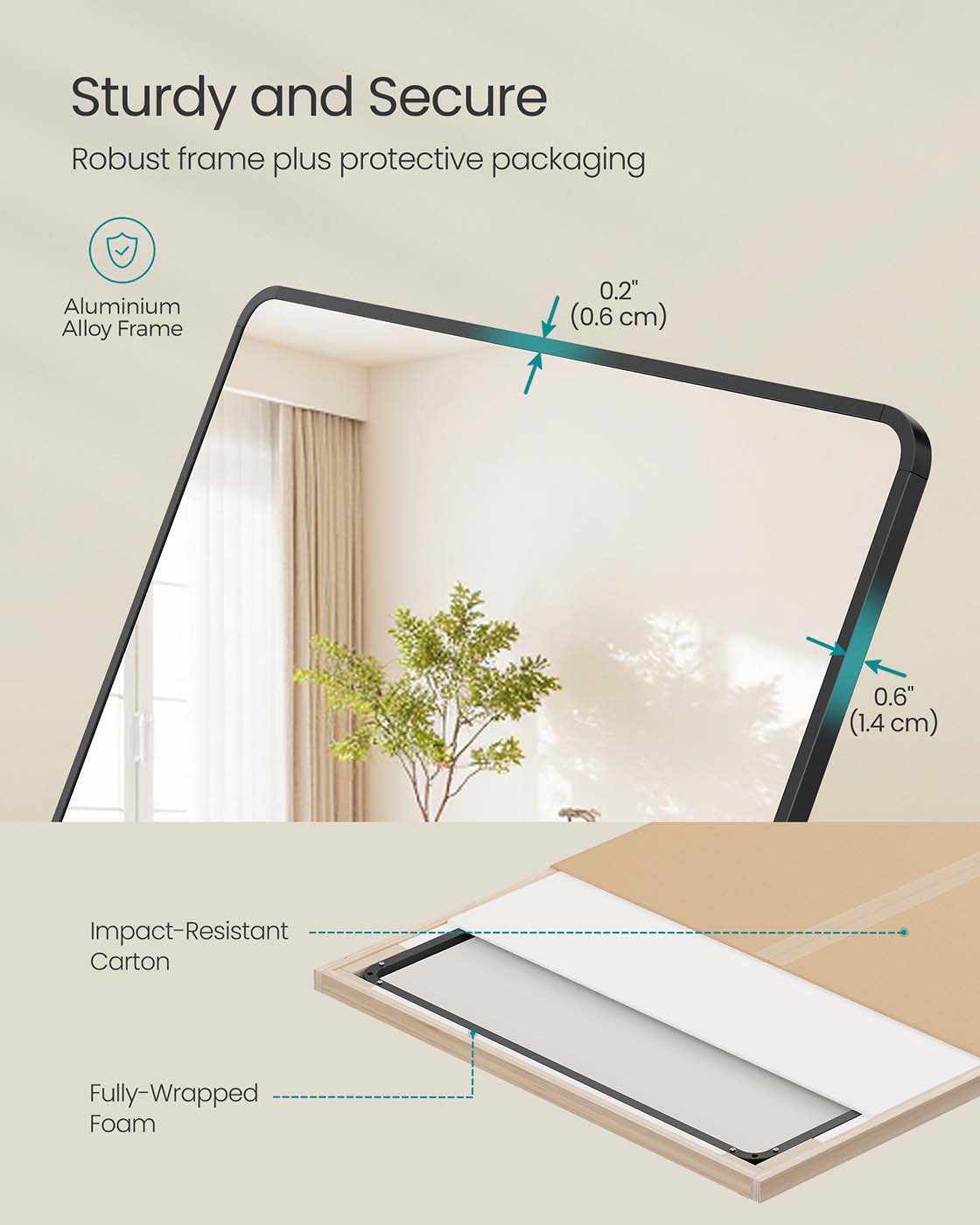 Full Length Mirror – Aluminium Alloy Frame – Ink Black – Free Standing Rectangular Design 165 x 60 cm