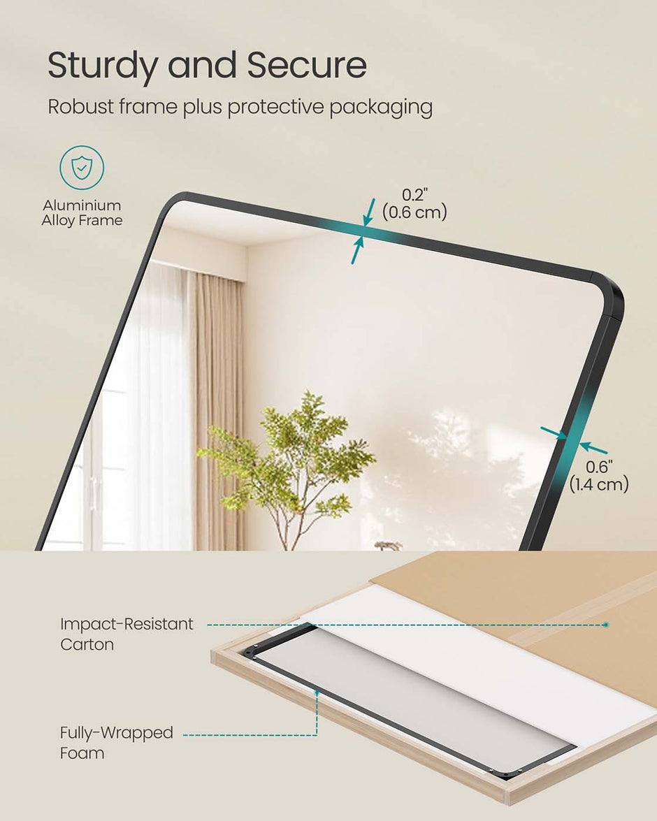 Full Length Mirror – Aluminium Alloy Frame – Ink Black – Free Standing Rectangular Design 165 x 60 cm