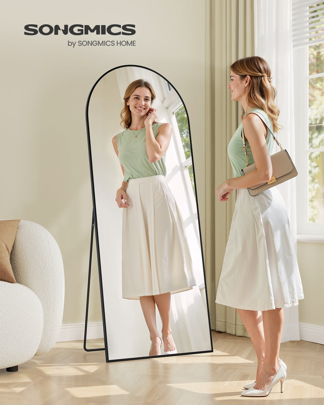 Arched Full Body Mirror – Aluminium Alloy – Ink Black – Tempered Glass with Stand
