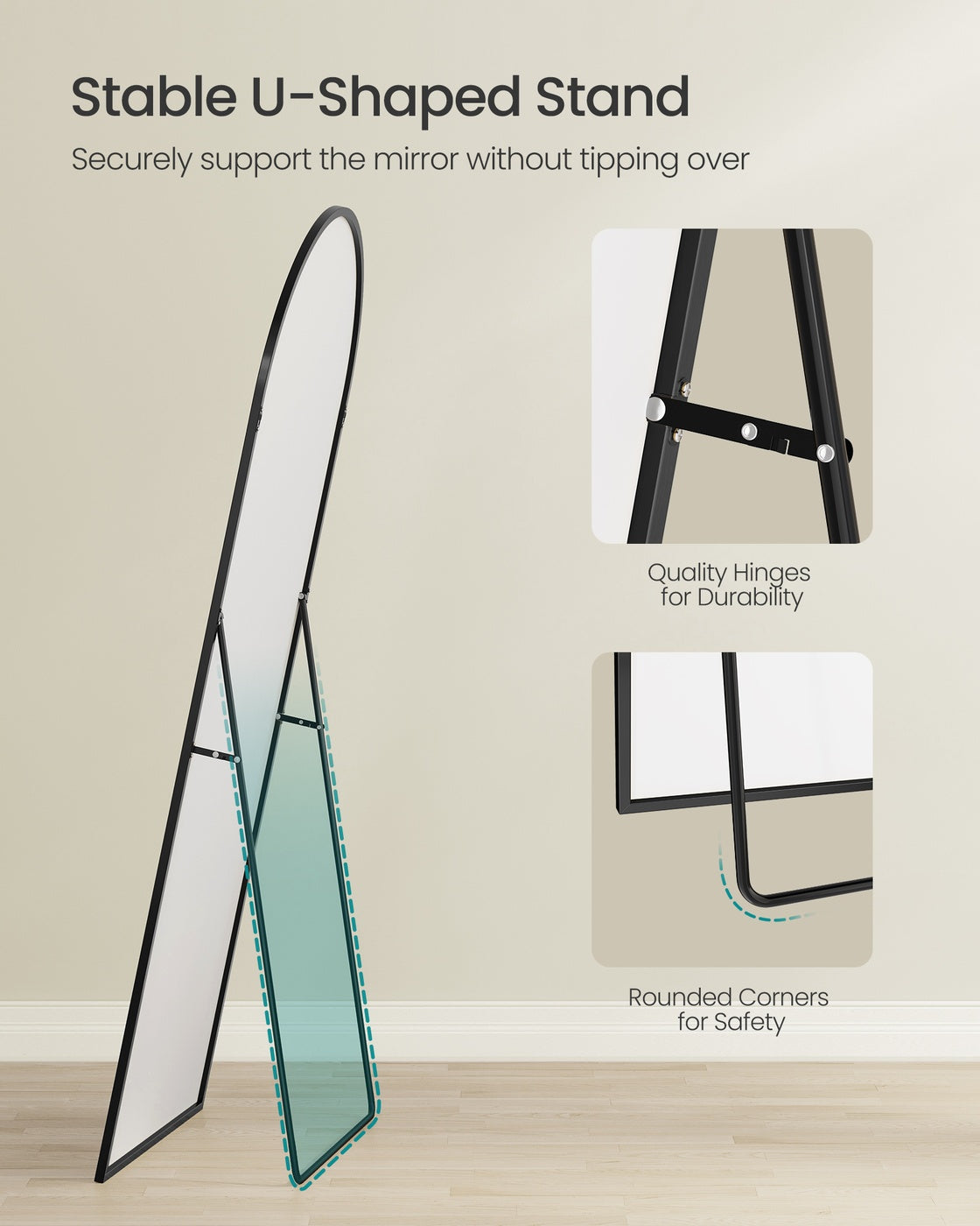 Arched Full Body Mirror – Aluminium Alloy – Ink Black – Tempered Glass with Stand