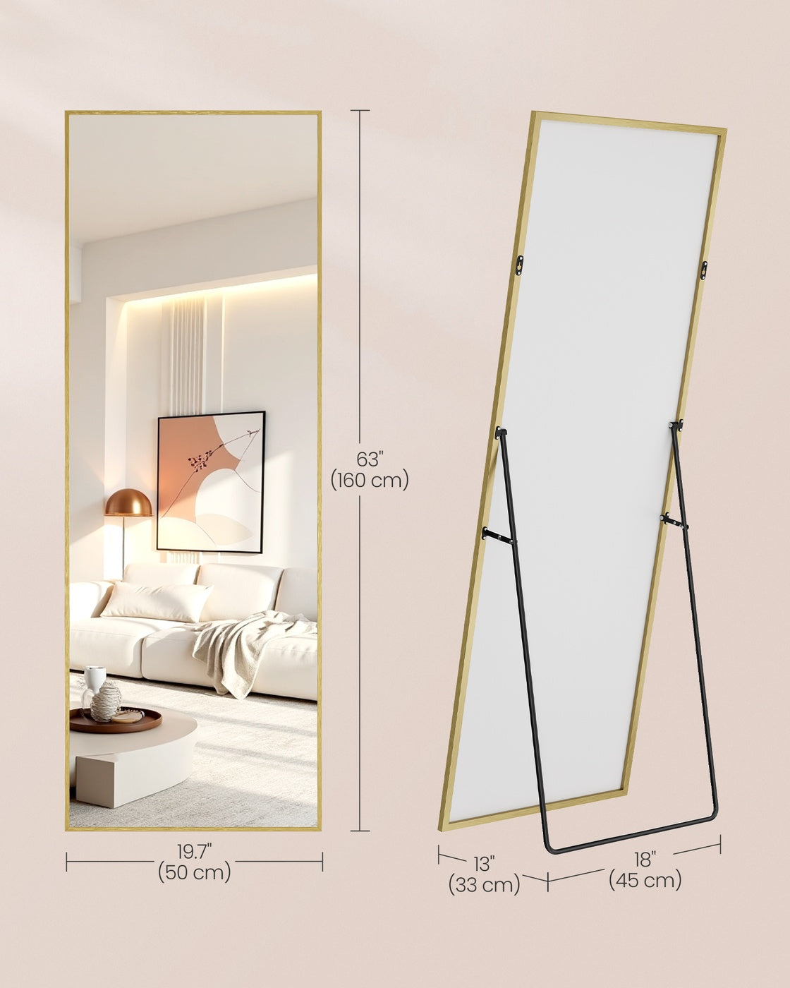 Full Body Mirror - 63L x 19.7W - Tempered Glass - Aluminium Alloy Frame - Standing Design