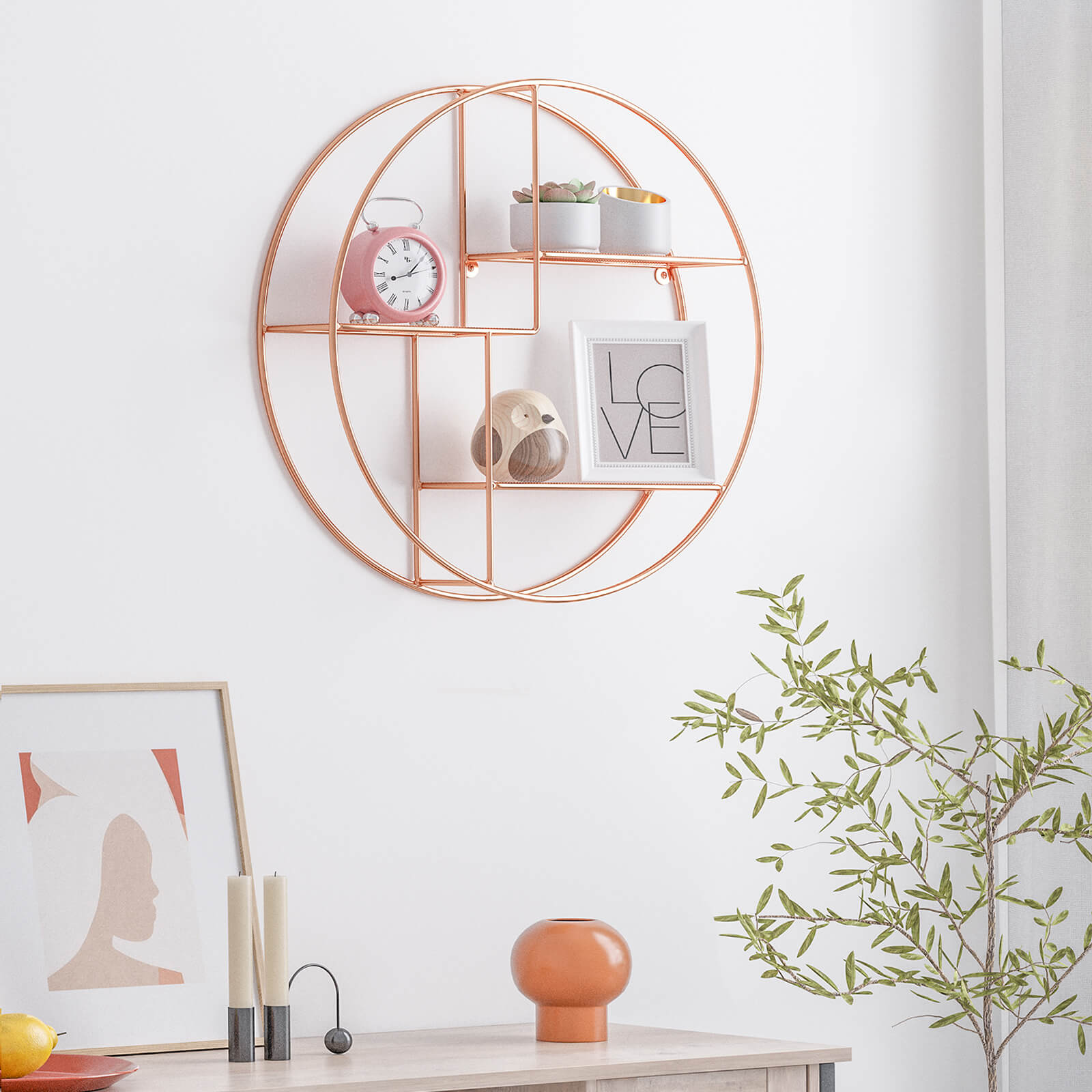 Round Wall-Mounted Shelf – Metal – Rose Gold – Floating Design with 3 Mesh Panels
