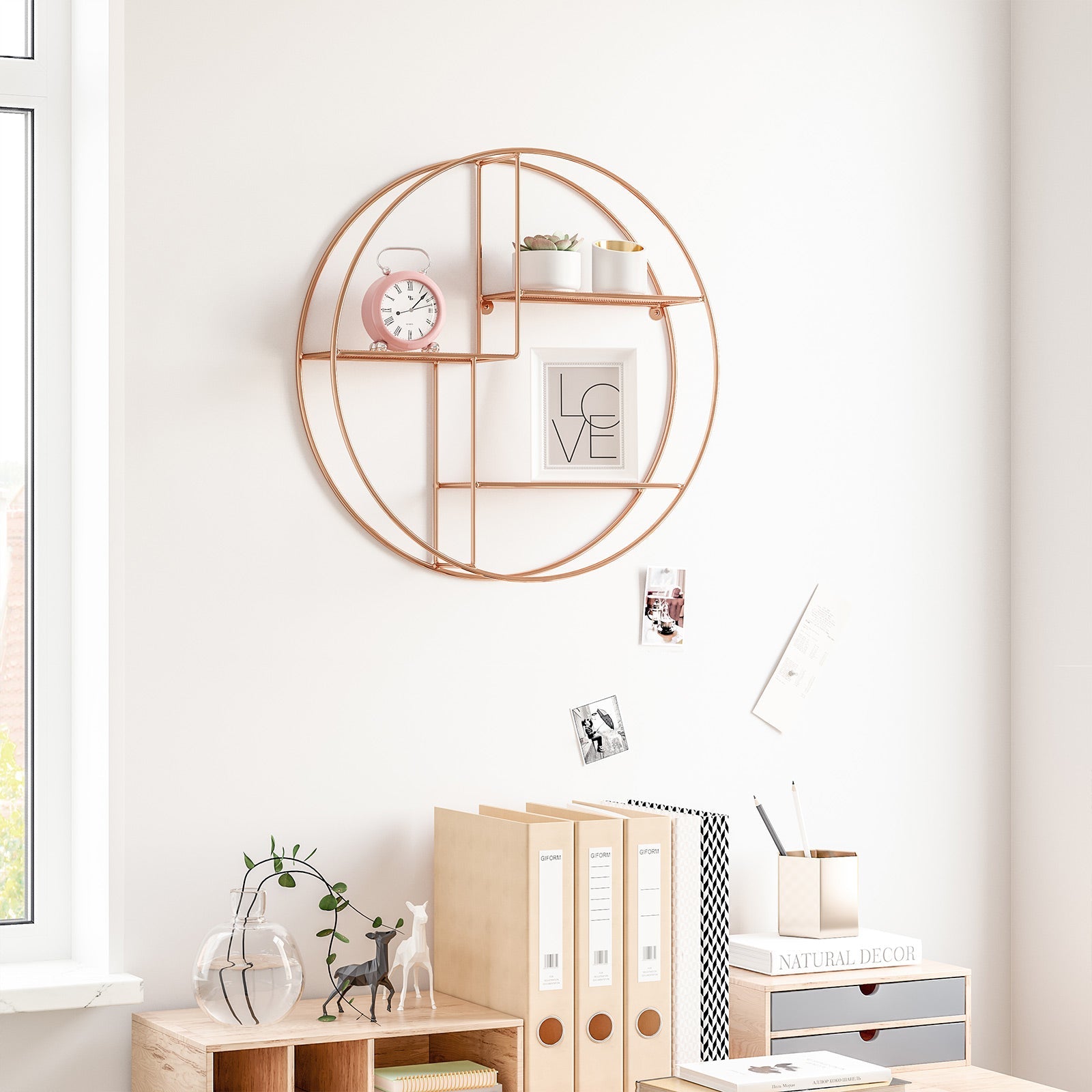 Round Wall-Mounted Shelf – Metal – Rose Gold – Floating Design with 3 Mesh Panels