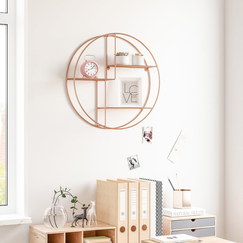 Round Wall-Mounted Shelf – Metal – Rose Gold – Floating Design with 3 Mesh Panels