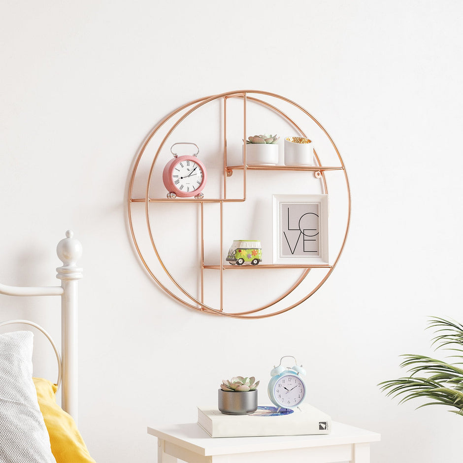Round Wall-Mounted Shelf – Metal – Rose Gold – Floating Design with 3 Mesh Panels