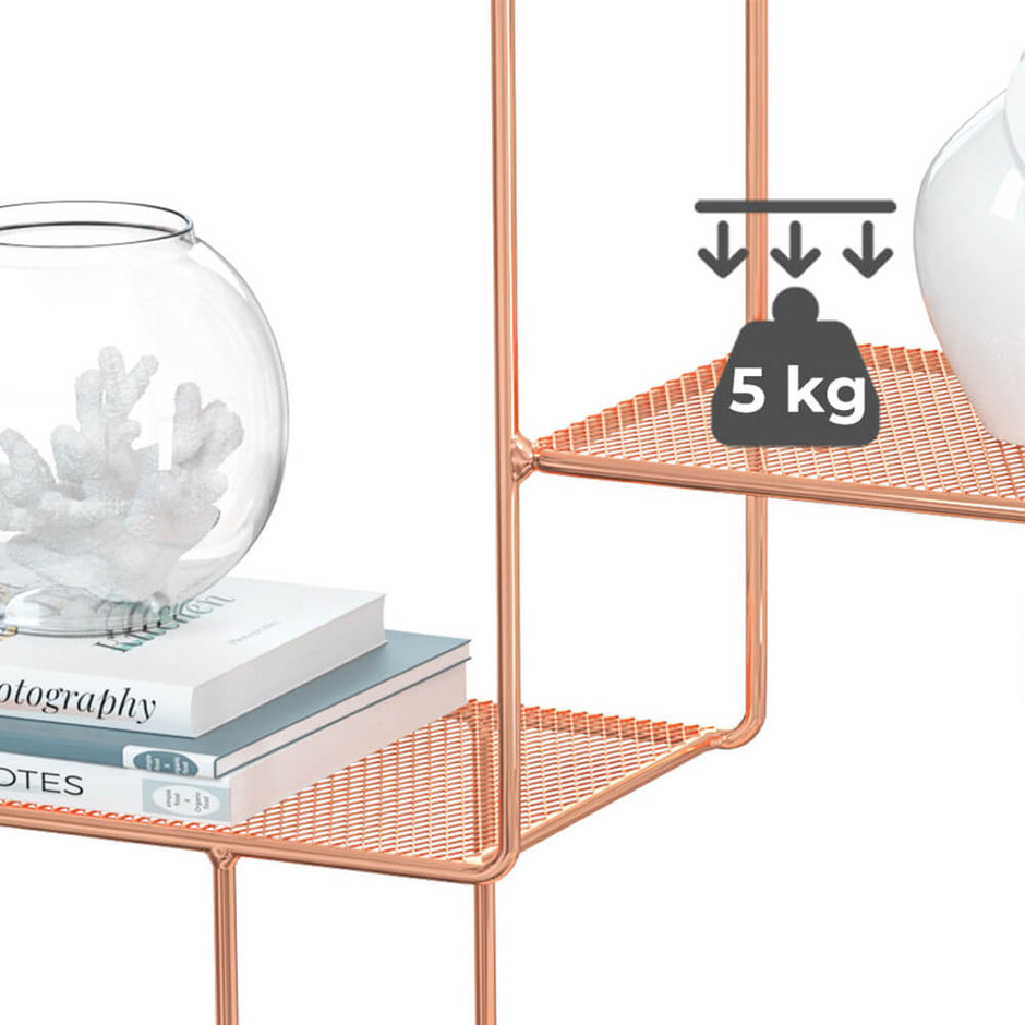 Round Wall-Mounted Shelf – Metal – Rose Gold – Floating Design with 3 Mesh Panels