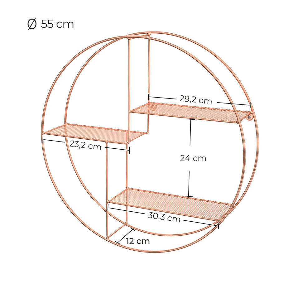 Round Wall-Mounted Shelf – Metal – Rose Gold – Floating Design with 3 Mesh Panels