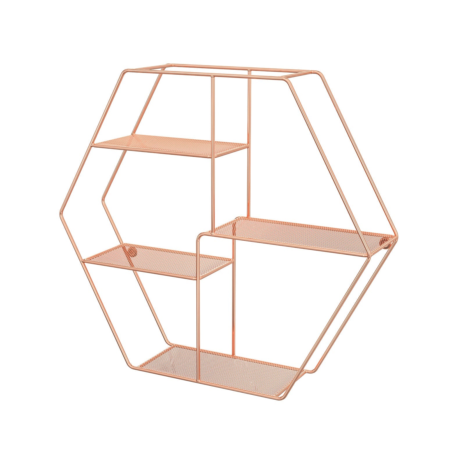 Metal Wall-Mounted Shelves – Rose Gold – Hexagonal Design – Decorative Floating Shelf with 4 Mesh Shelves