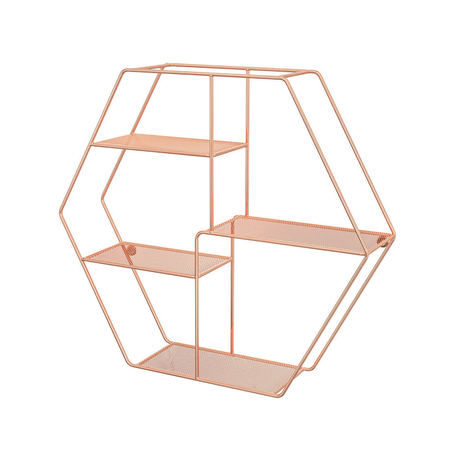 Metal Wall-Mounted Shelves – Rose Gold – Hexagonal Design – Decorative Floating Shelf with 4 Mesh Shelves