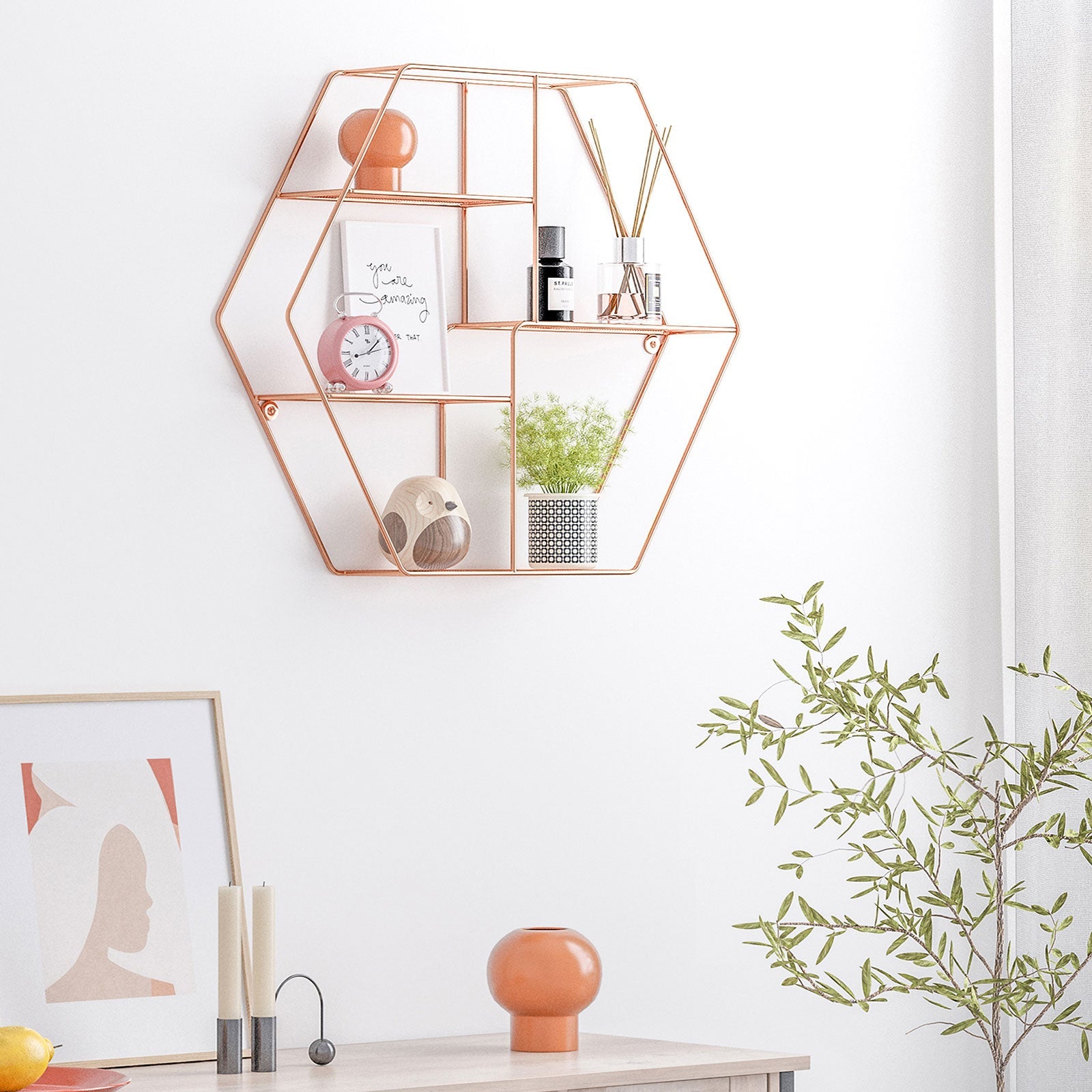Metal Wall-Mounted Shelves – Rose Gold – Hexagonal Design – Decorative Floating Shelf with 4 Mesh Shelves