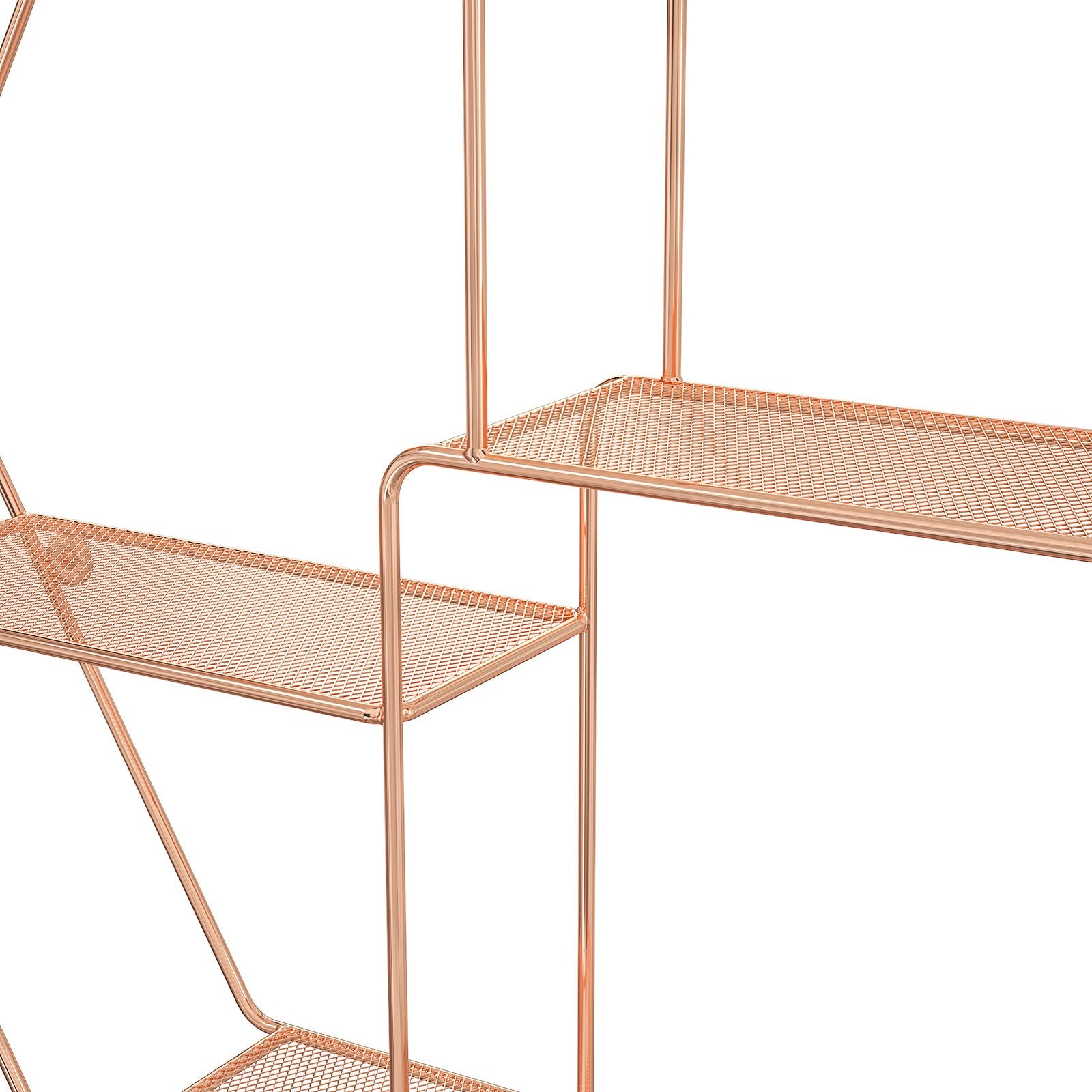 Metal Wall-Mounted Shelves – Rose Gold – Hexagonal Design – Decorative Floating Shelf with 4 Mesh Shelves