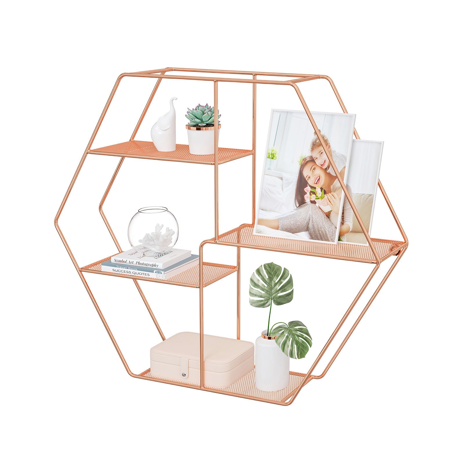 Metal Wall-Mounted Shelves – Rose Gold – Hexagonal Design – Decorative Floating Shelf with 4 Mesh Shelves
