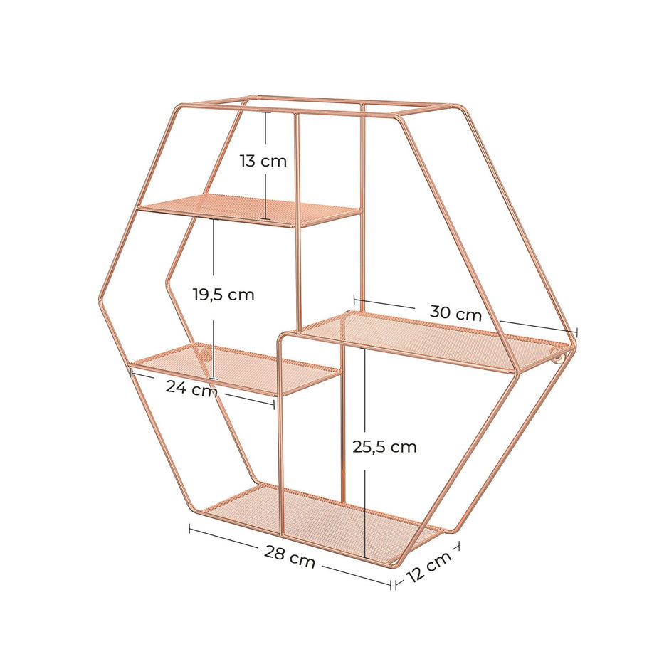 Metal Wall-Mounted Shelves – Rose Gold – Hexagonal Design – Decorative Floating Shelf with 4 Mesh Shelves