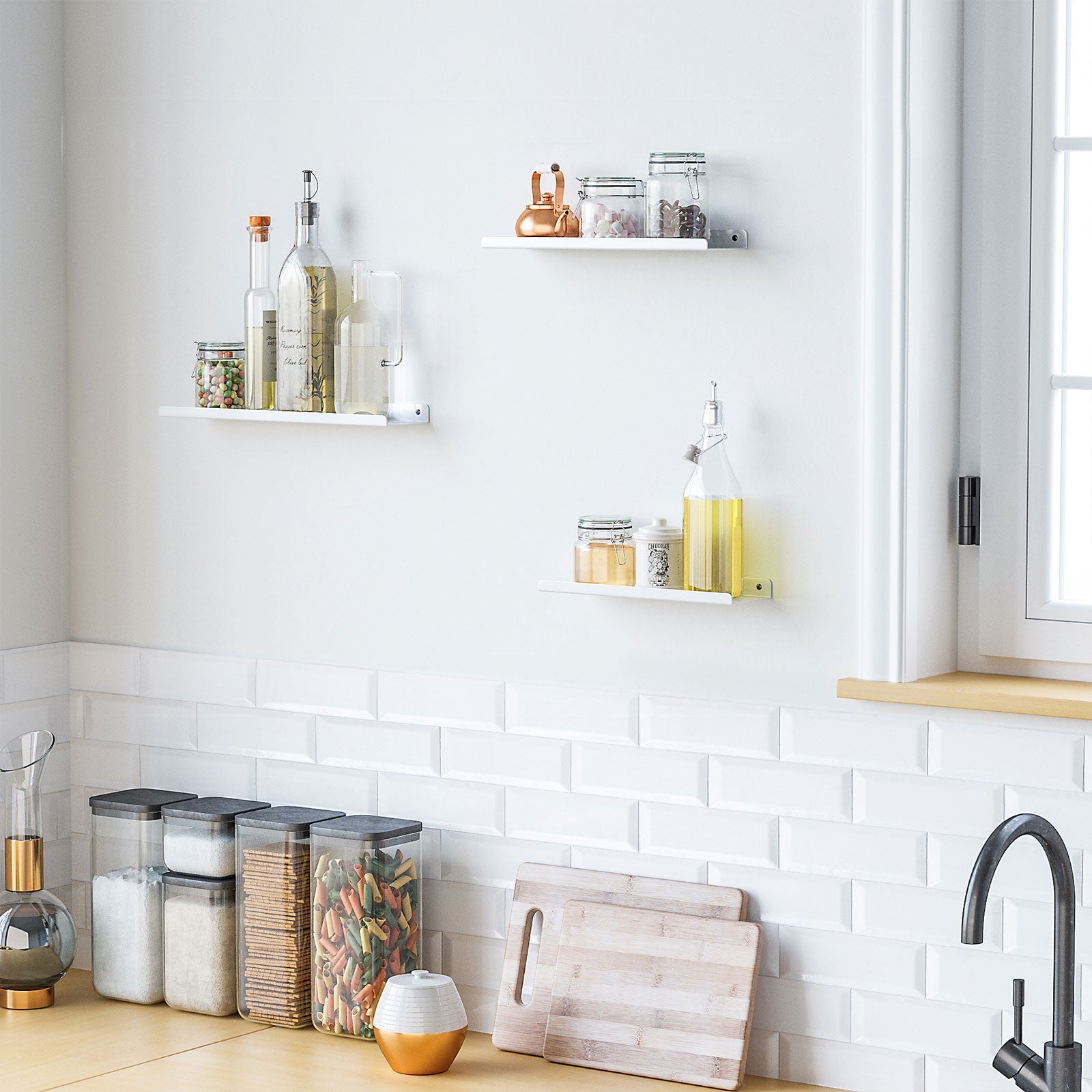 Set of 3 Floating Ledge Shelves – Metal – White – Versatile Industrial Design with Mounting Screws
