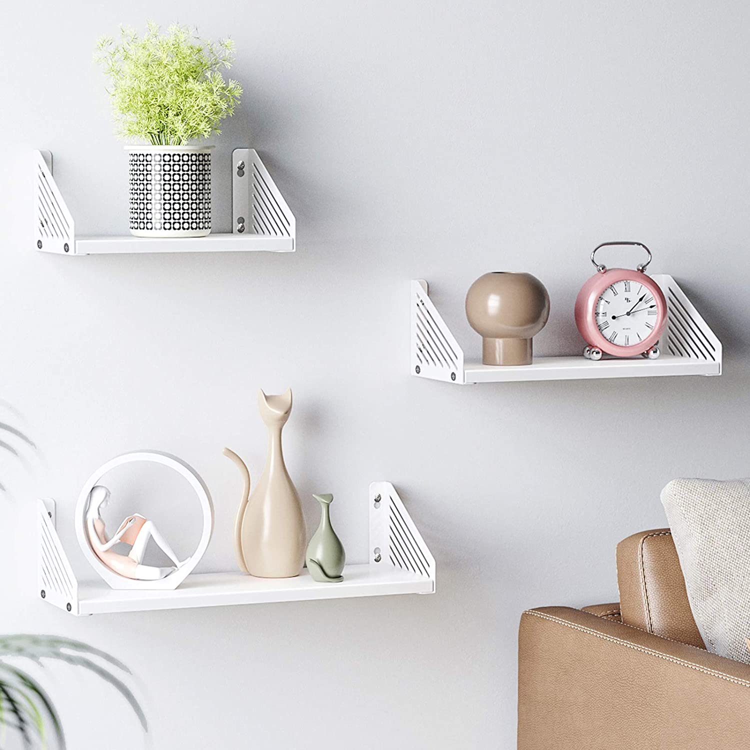 Metal Wall Shelves – White – Set of 3 – Versatile Floating Design for Trinkets and Decor