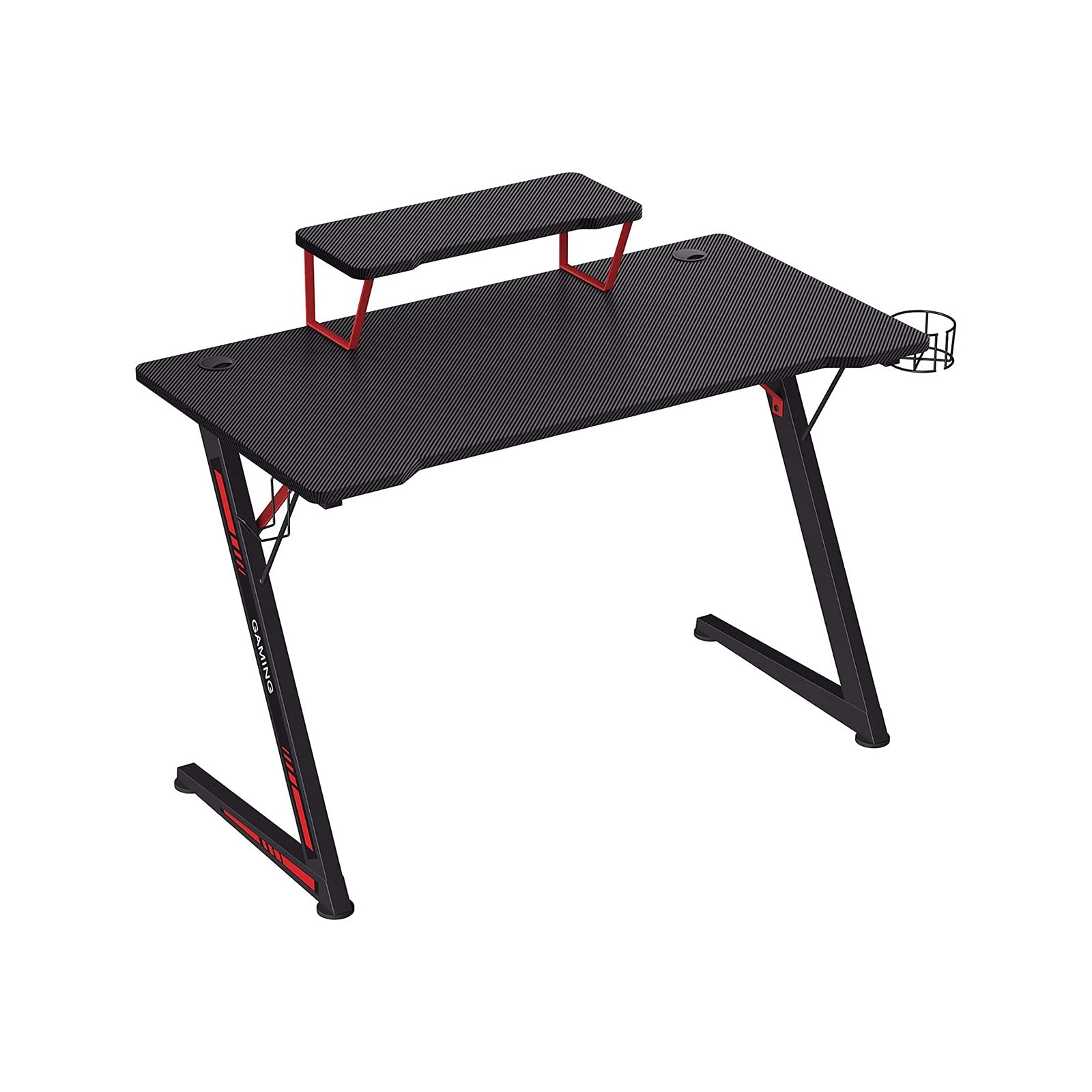 Gaming Desk – Steel – Black and Red – Multifunctional with Monitor Stand, Cup Holder, and Headphone Hook