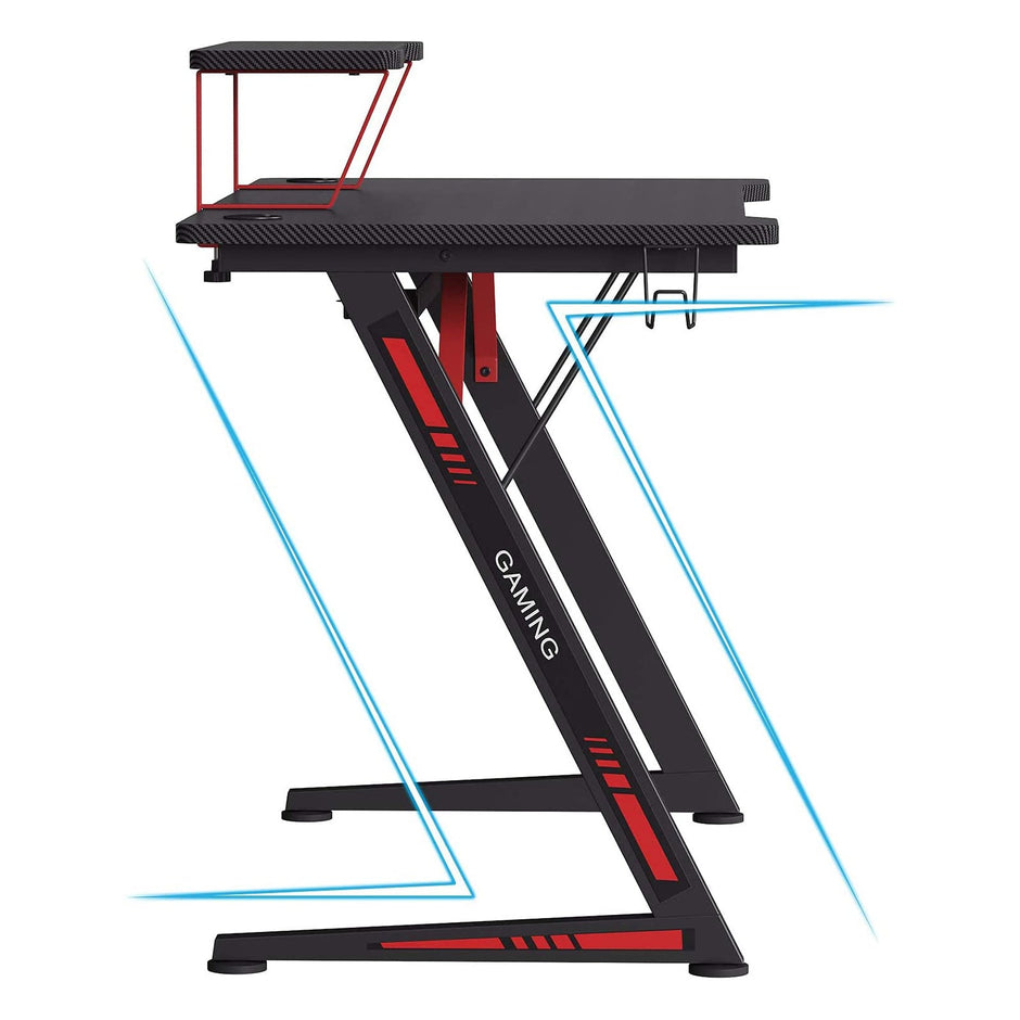 Gaming Desk – Steel – Black and Red – Multifunctional with Monitor Stand, Cup Holder, and Headphone Hook