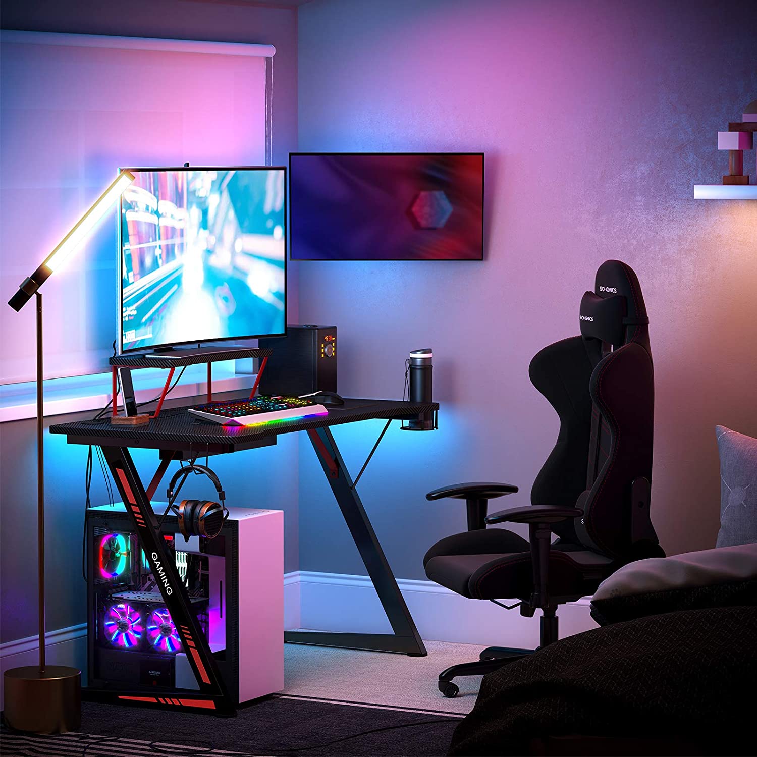 Gaming Desk – Steel – Black and Red – Multifunctional with Monitor Stand, Cup Holder, and Headphone Hook