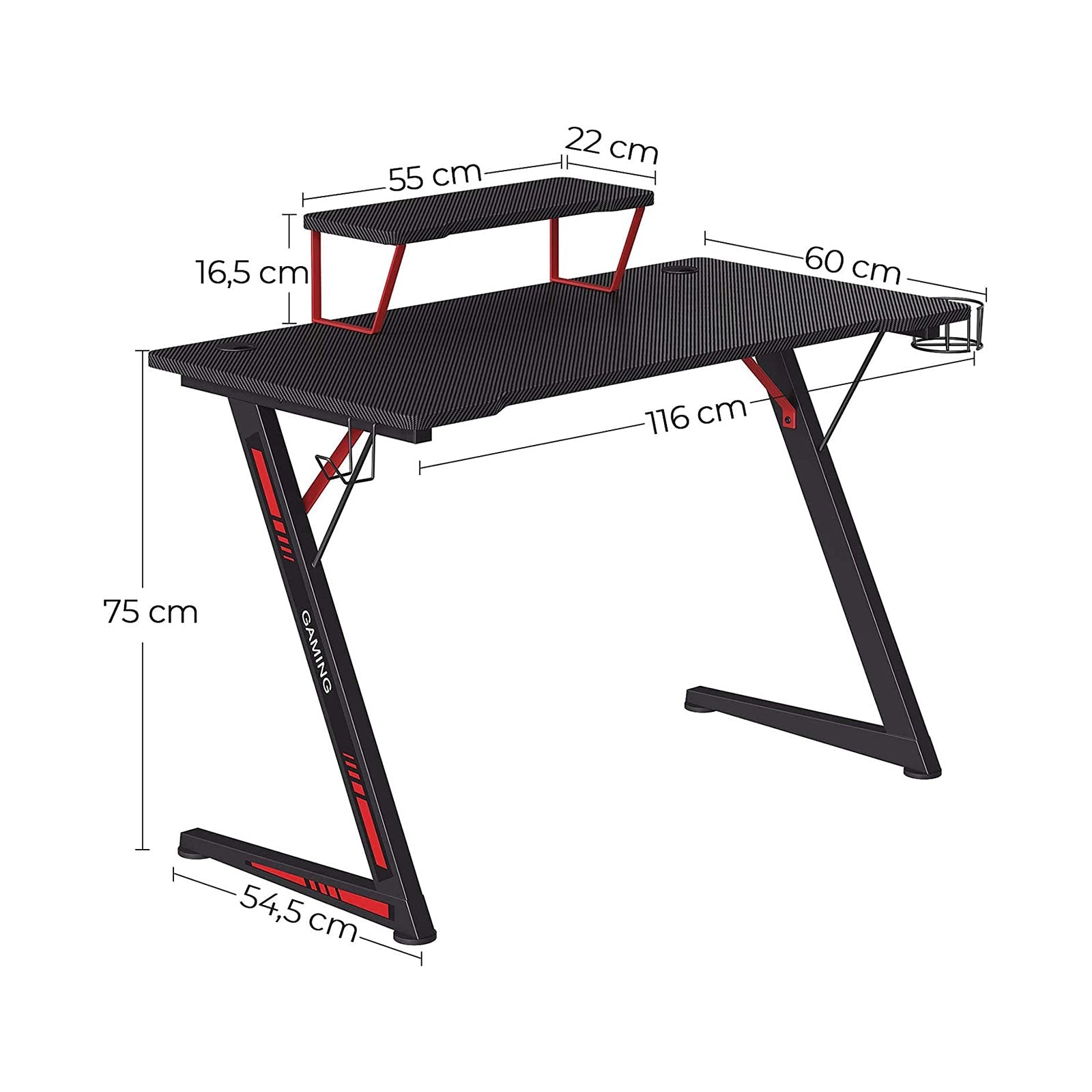 Gaming Desk – Steel – Black and Red – Multifunctional with Monitor Stand, Cup Holder, and Headphone Hook
