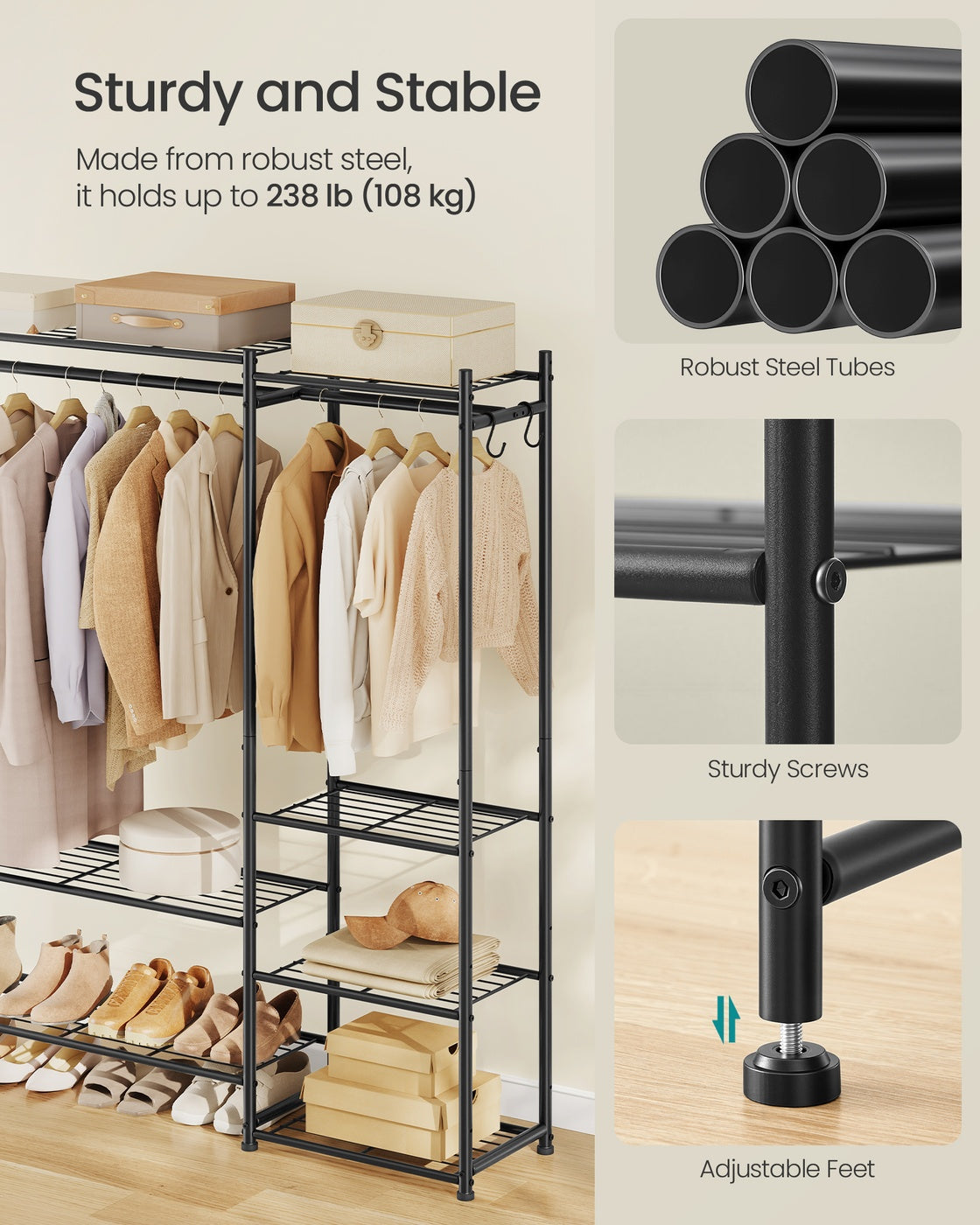 Open Wardrobe Clothing Rack - 7 Shelves - Steel - 2 Clothes Rails - Max Load 238 lb