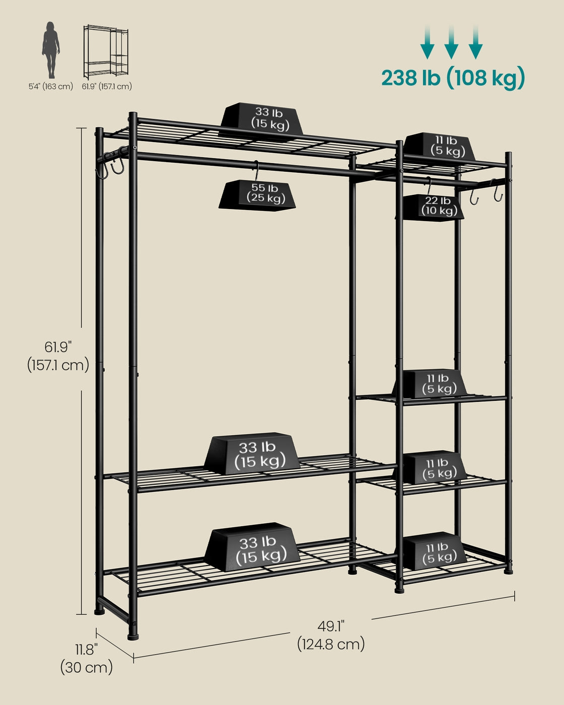 Open Wardrobe Clothing Rack - 7 Shelves - Steel - 2 Clothes Rails - Max Load 238 lb