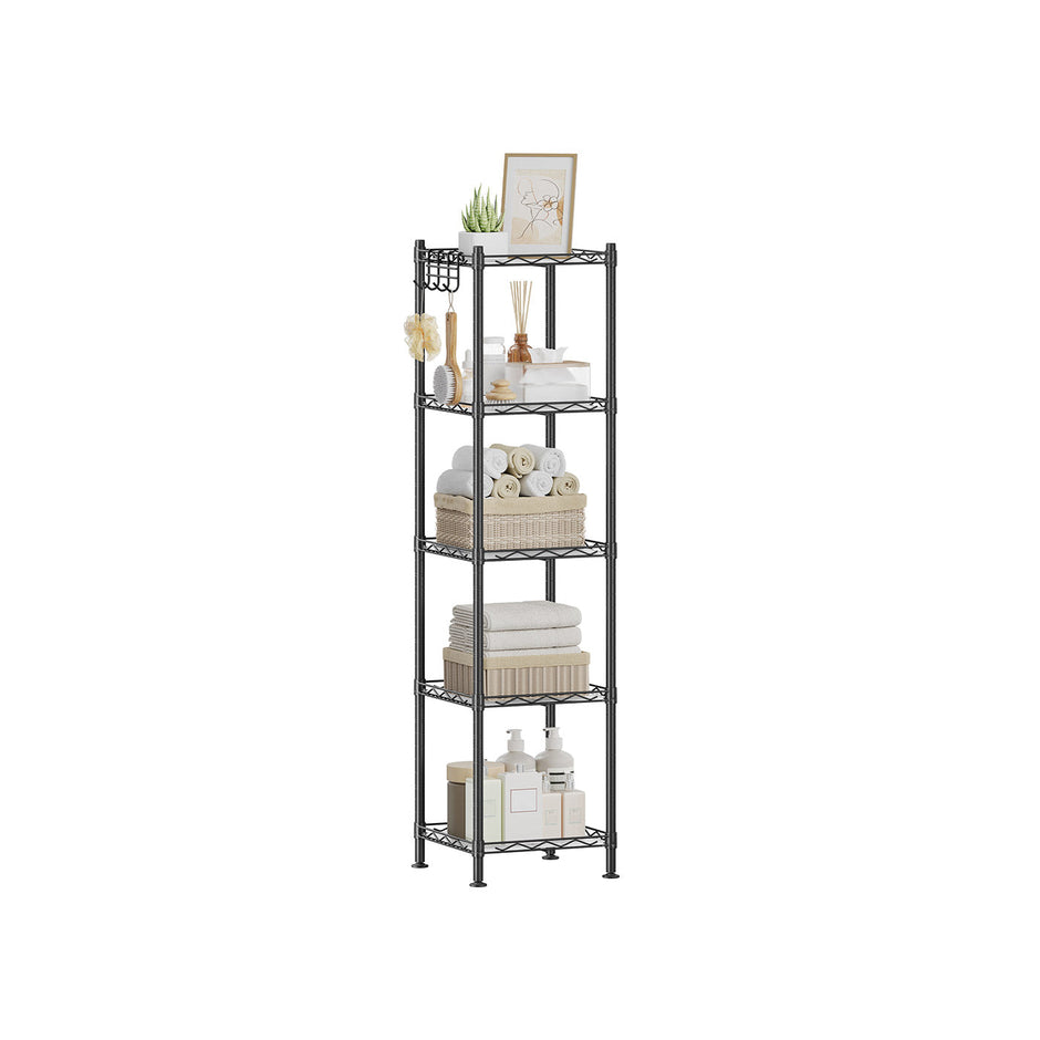 Bathroom Shelf – Metal – Black – Sturdy Design with Expandable Features and Removable Hooks