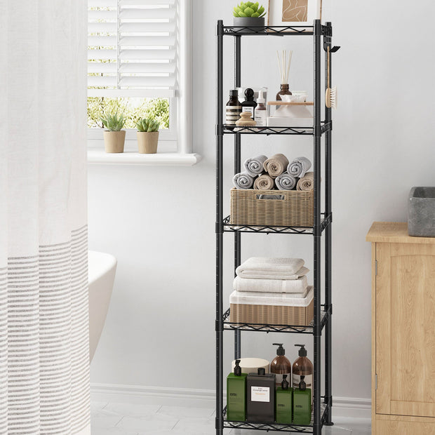 Bathroom Shelf – Metal – Black – Sturdy Design with Expandable Features and Removable Hooks