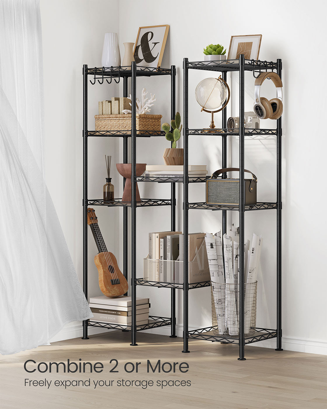 Bathroom Shelf – Metal – Black – Sturdy Design with Expandable Features and Removable Hooks