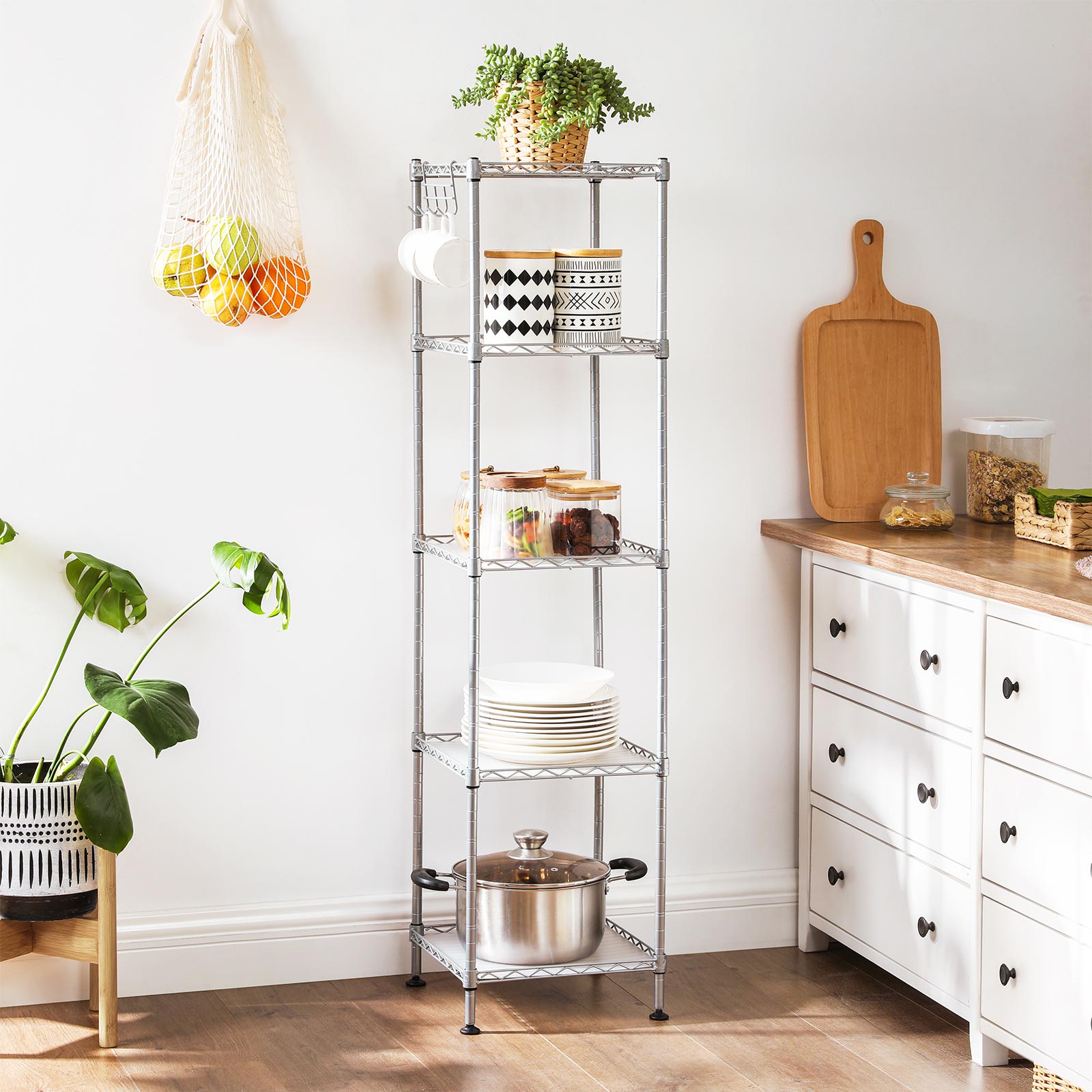 Bathroom Shelf – Metal – Silver – Sturdy Storage Rack with Removable Hooks and Expandable Design