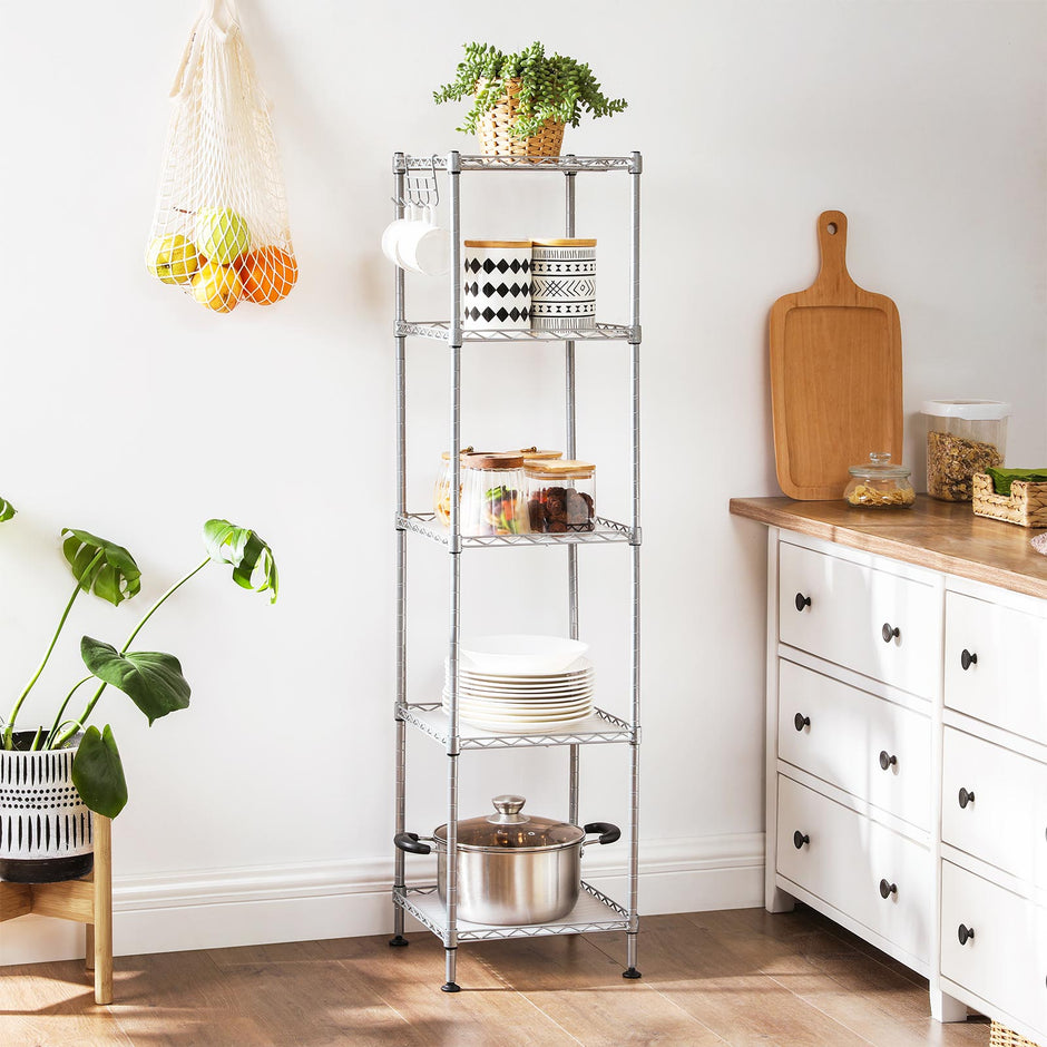 Bathroom Shelf – Metal – Silver – Sturdy Storage Rack with Removable Hooks and Expandable Design