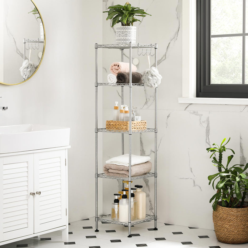 Bathroom Shelf – Metal – Silver – Sturdy Storage Rack with Removable Hooks and Expandable Design