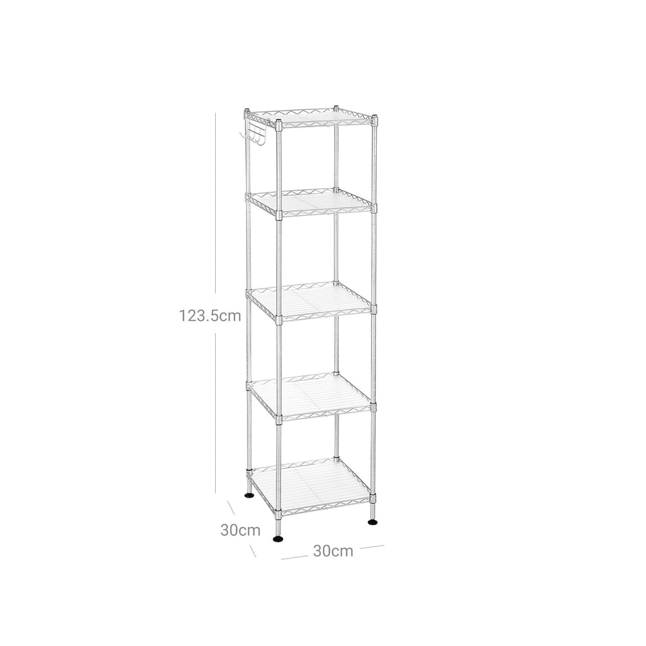 Bathroom Shelf – Metal – Silver – Sturdy Storage Rack with Removable Hooks and Expandable Design