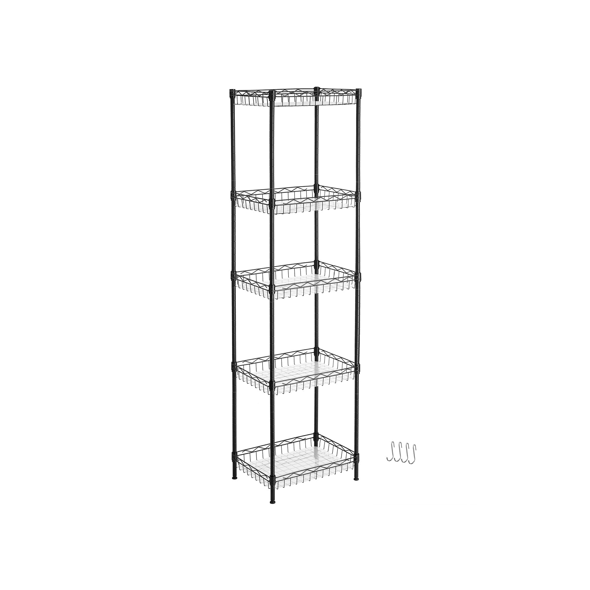 5-Tier Adjustable Metal Shelving Unit – Metal – Black – Wire Basket Design with Hooks and High Load Capacity
