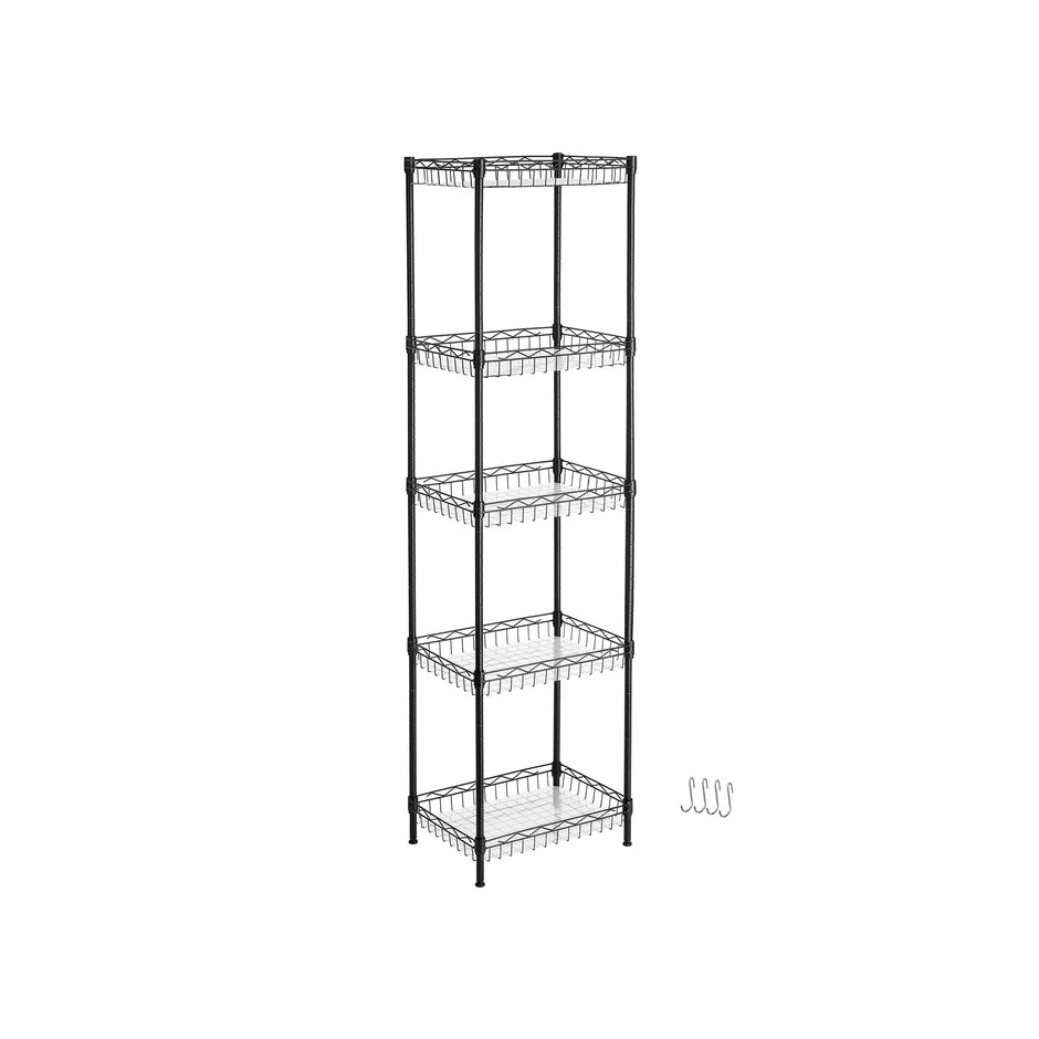 5-Tier Adjustable Metal Shelving Unit – Metal – Black – Wire Basket Design with Hooks and High Load Capacity