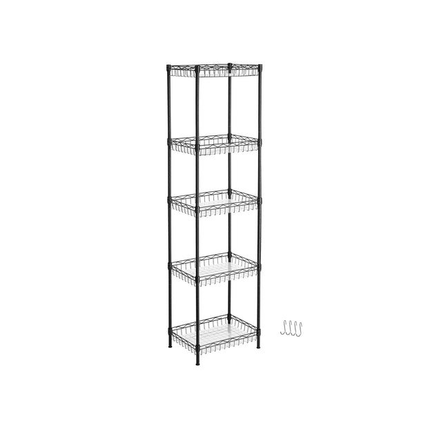 5-Tier Adjustable Metal Shelving Unit – Metal – Black – Wire Basket Design with Hooks and High Load Capacity