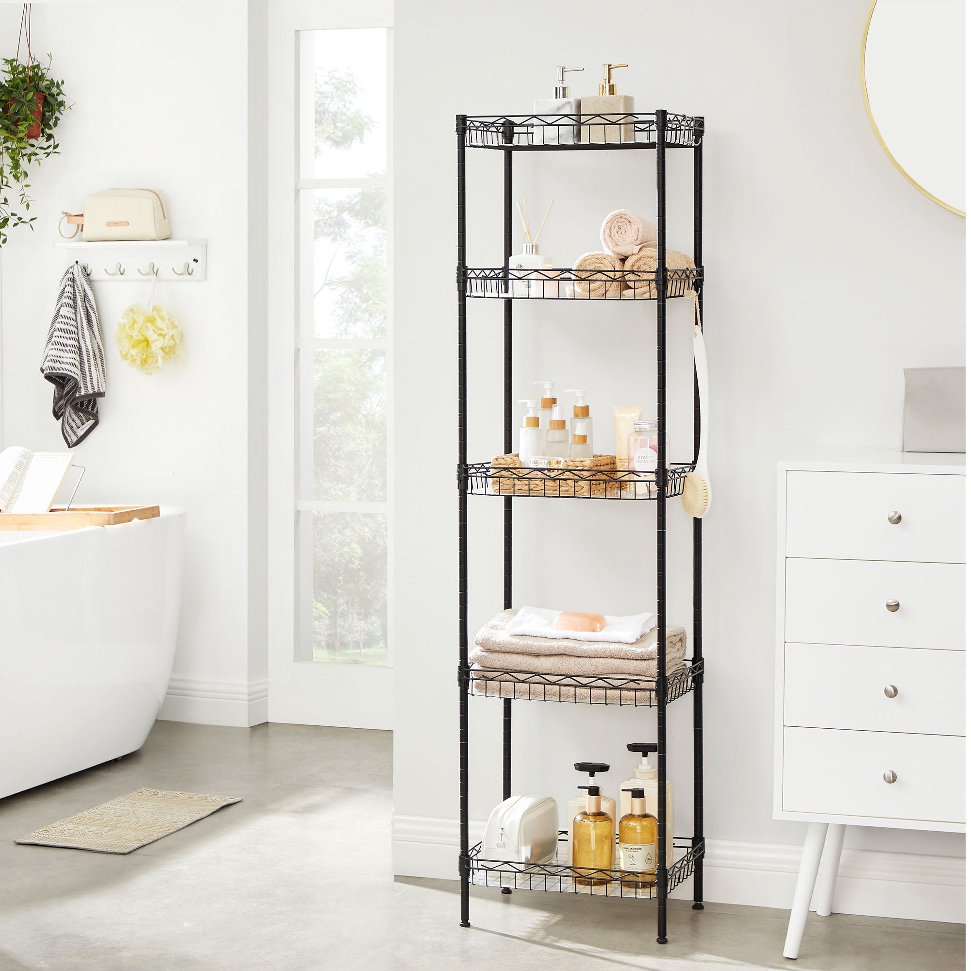 5-Tier Adjustable Metal Shelving Unit – Metal – Black – Wire Basket Design with Hooks and High Load Capacity