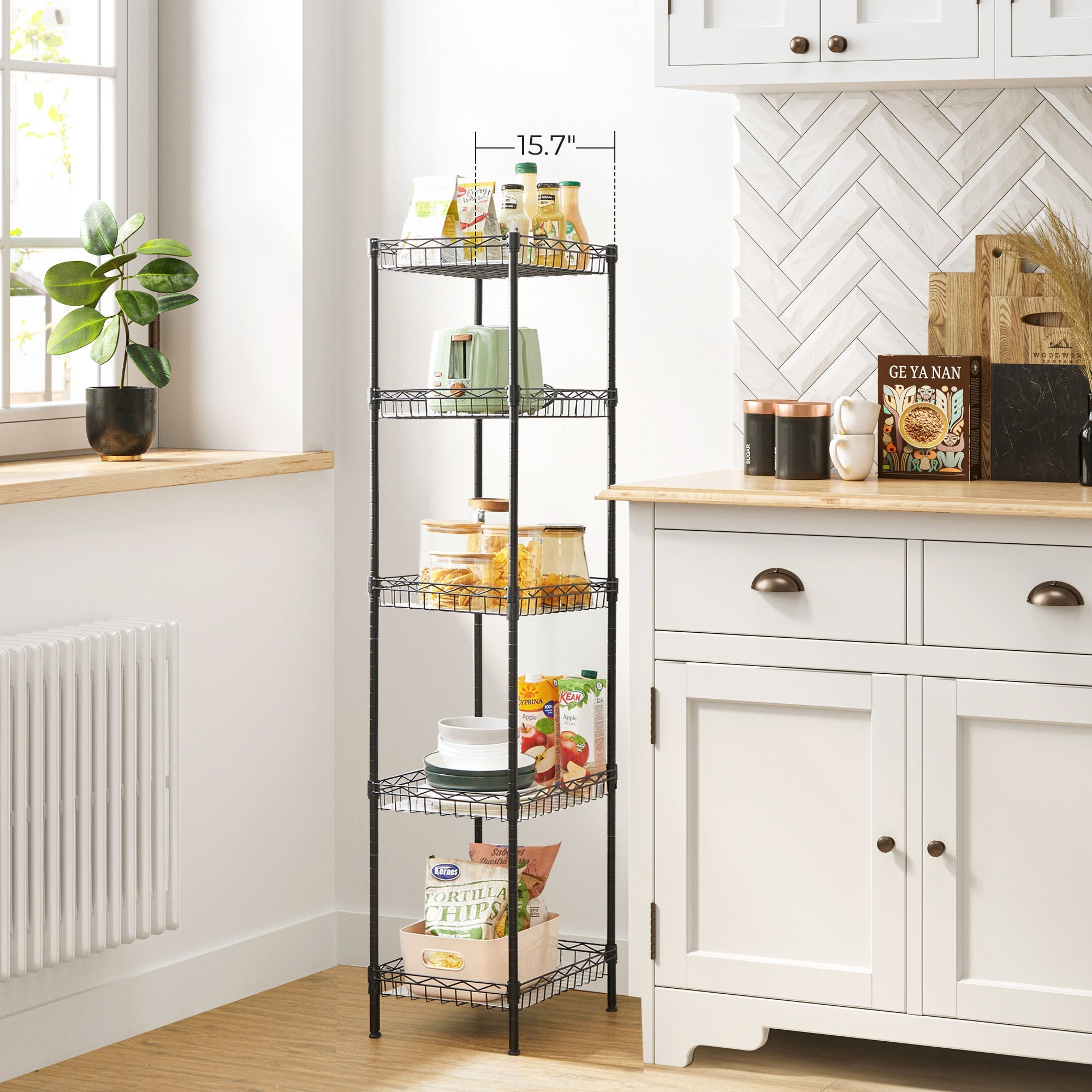 5-Tier Adjustable Metal Shelving Unit – Metal – Black – Wire Basket Design with Hooks and High Load Capacity
