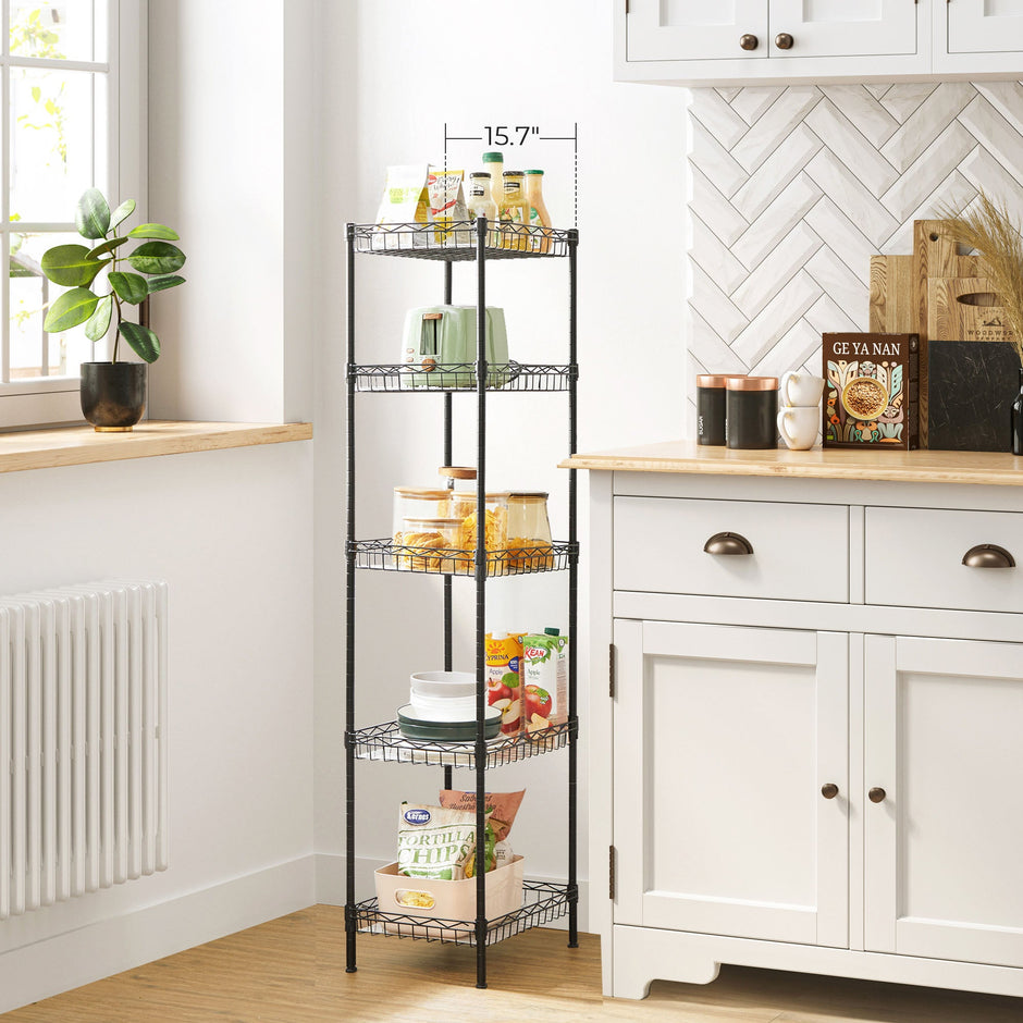 5-Tier Adjustable Metal Shelving Unit – Metal – Black – Wire Basket Design with Hooks and High Load Capacity