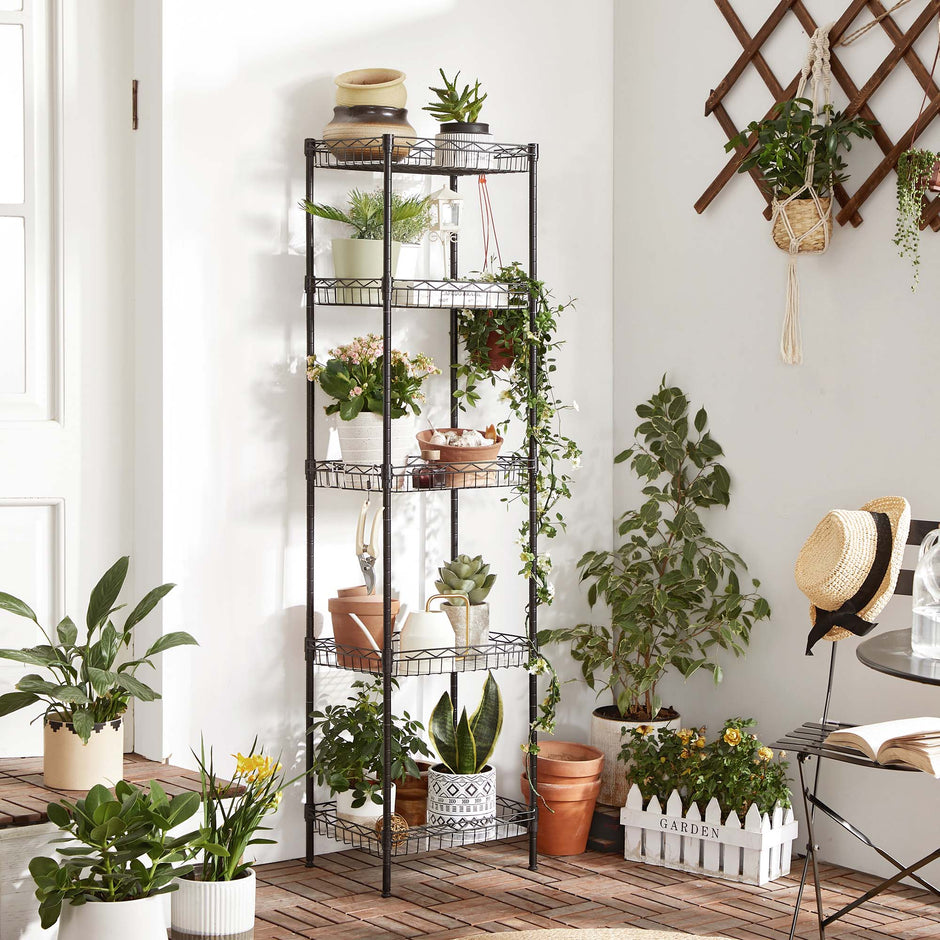 5-Tier Adjustable Metal Shelving Unit – Metal – Black – Wire Basket Design with Hooks and High Load Capacity