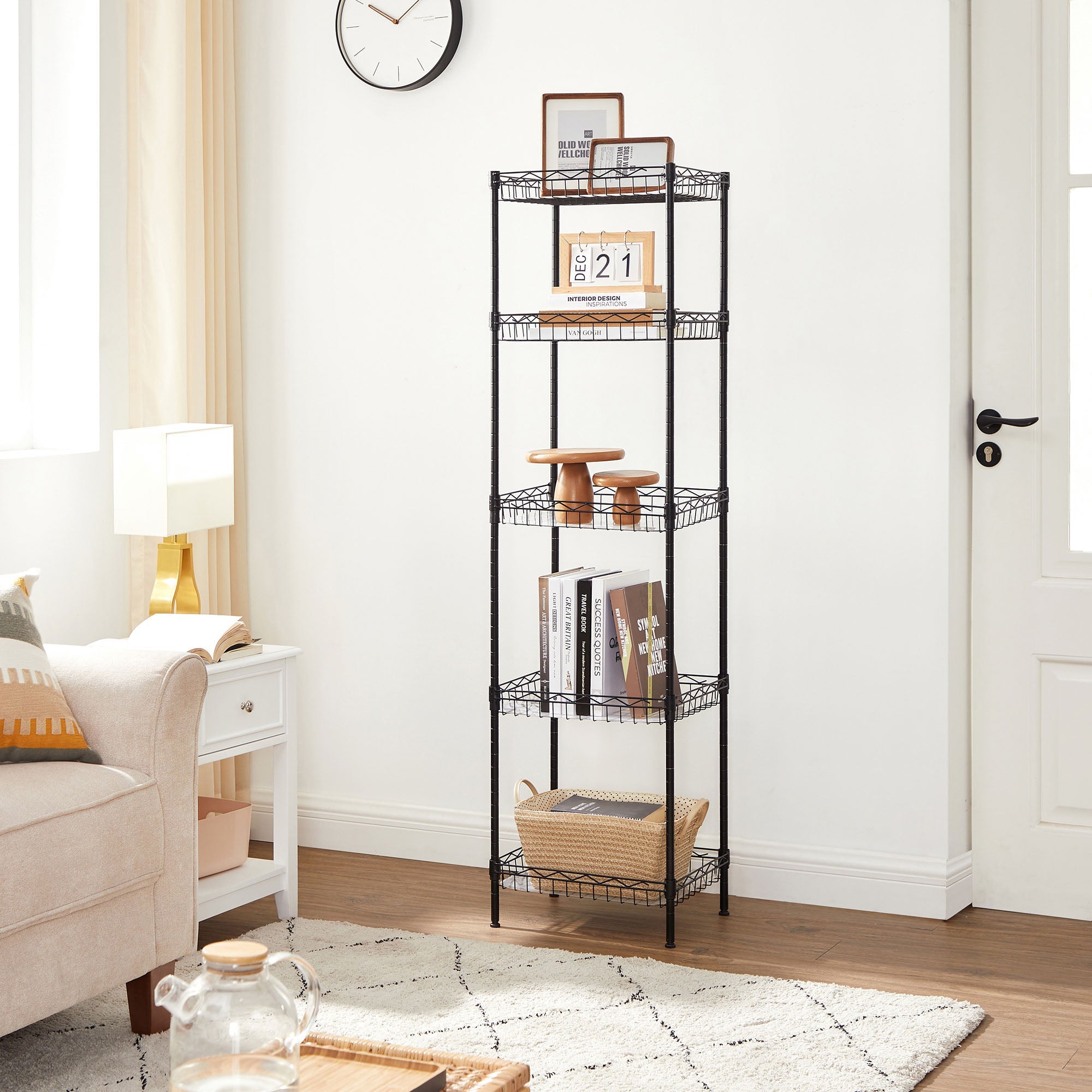 5-Tier Adjustable Metal Shelving Unit – Metal – Black – Wire Basket Design with Hooks and High Load Capacity