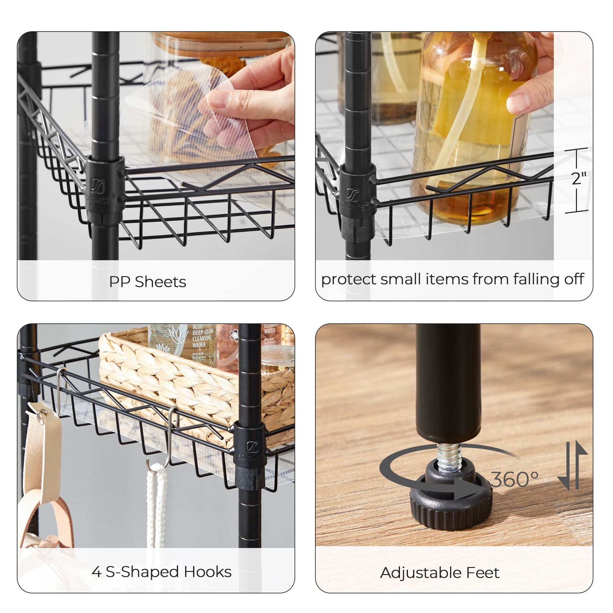 5-Tier Adjustable Metal Shelving Unit – Metal – Black – Wire Basket Design with Hooks and High Load Capacity