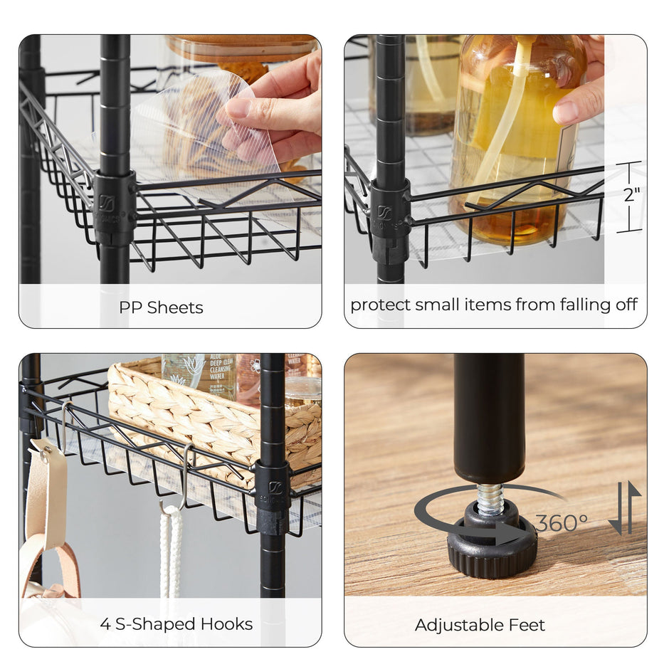 5-Tier Adjustable Metal Shelving Unit – Metal – Black – Wire Basket Design with Hooks and High Load Capacity