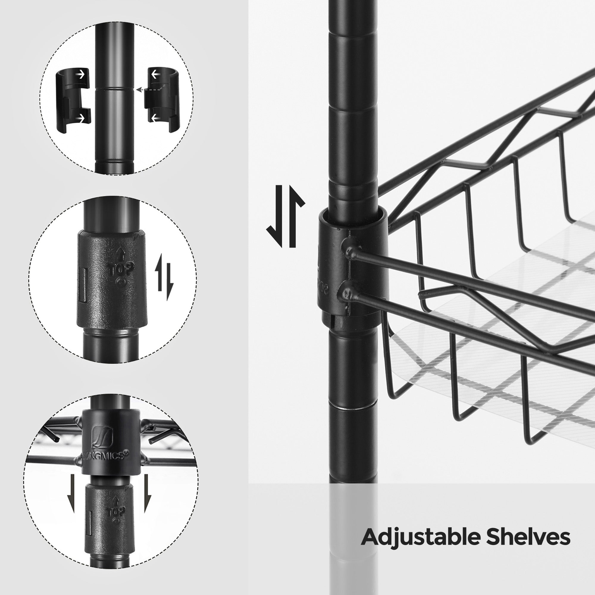 5-Tier Adjustable Metal Shelving Unit – Metal – Black – Wire Basket Design with Hooks and High Load Capacity