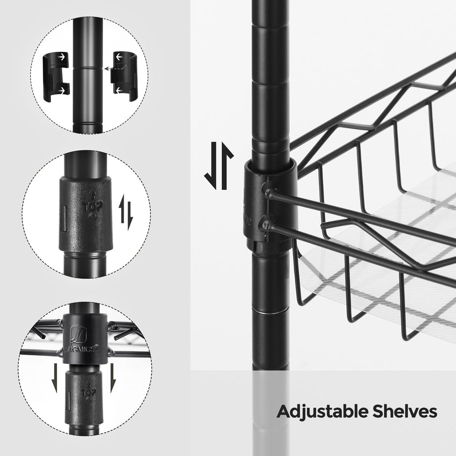 5-Tier Adjustable Metal Shelving Unit – Metal – Black – Wire Basket Design with Hooks and High Load Capacity