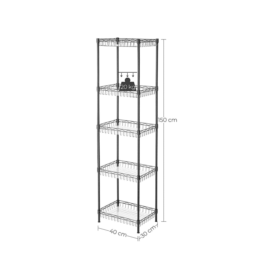 5-Tier Adjustable Metal Shelving Unit – Metal – Black – Wire Basket Design with Hooks and High Load Capacity