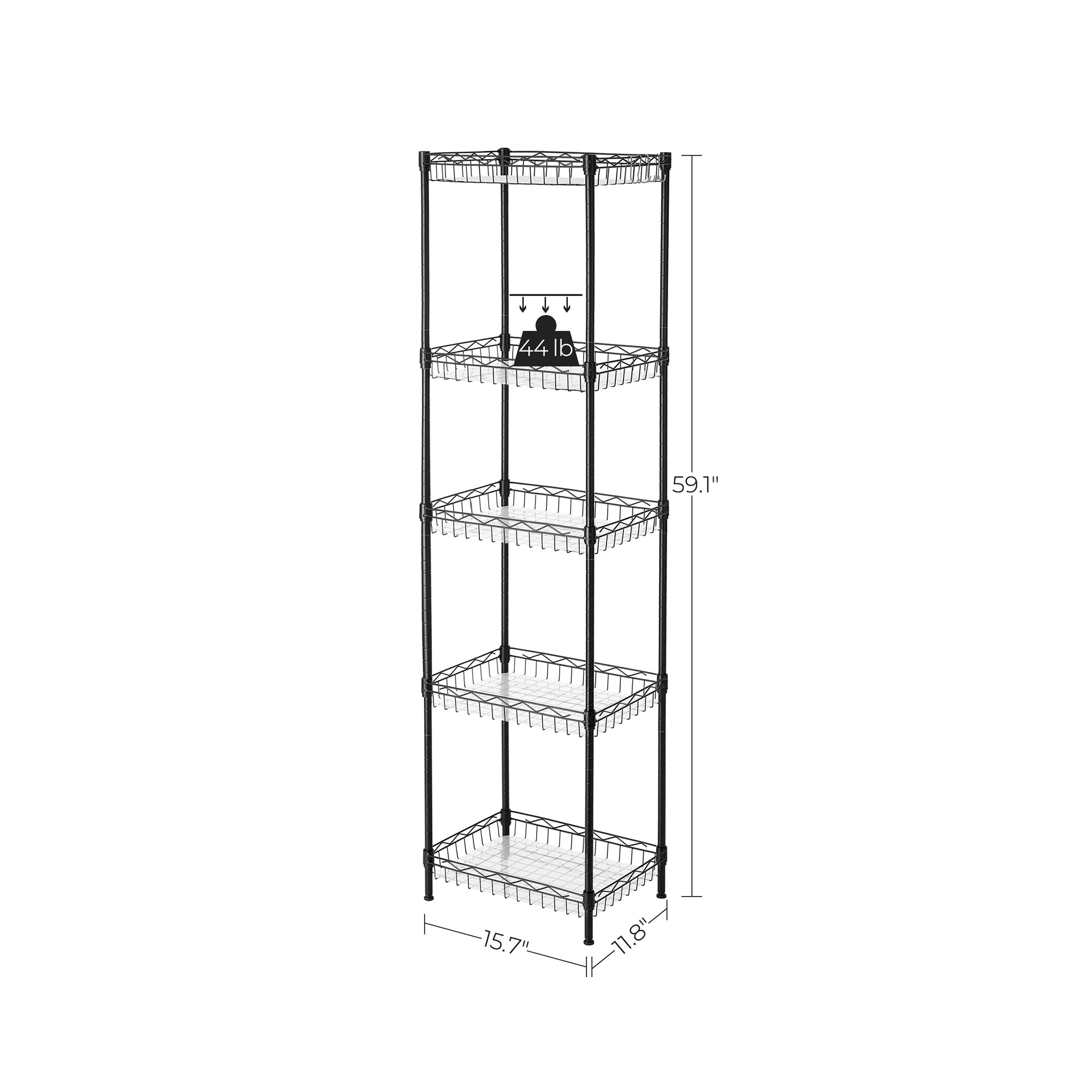 5-Tier Adjustable Metal Shelving Unit – Metal – Black – Wire Basket Design with Hooks and High Load Capacity
