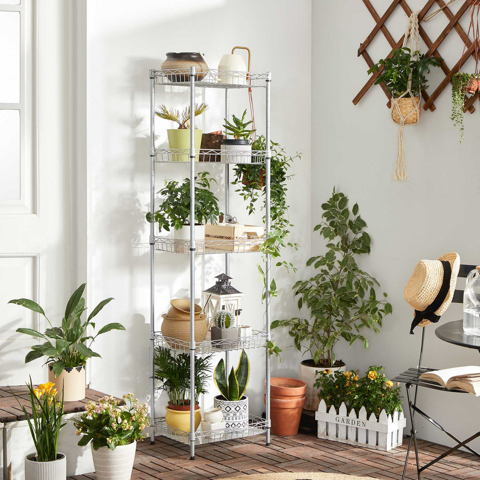 5-Tier Metal Storage Unit – Metal – Black – Adjustable Shelves with Hooks