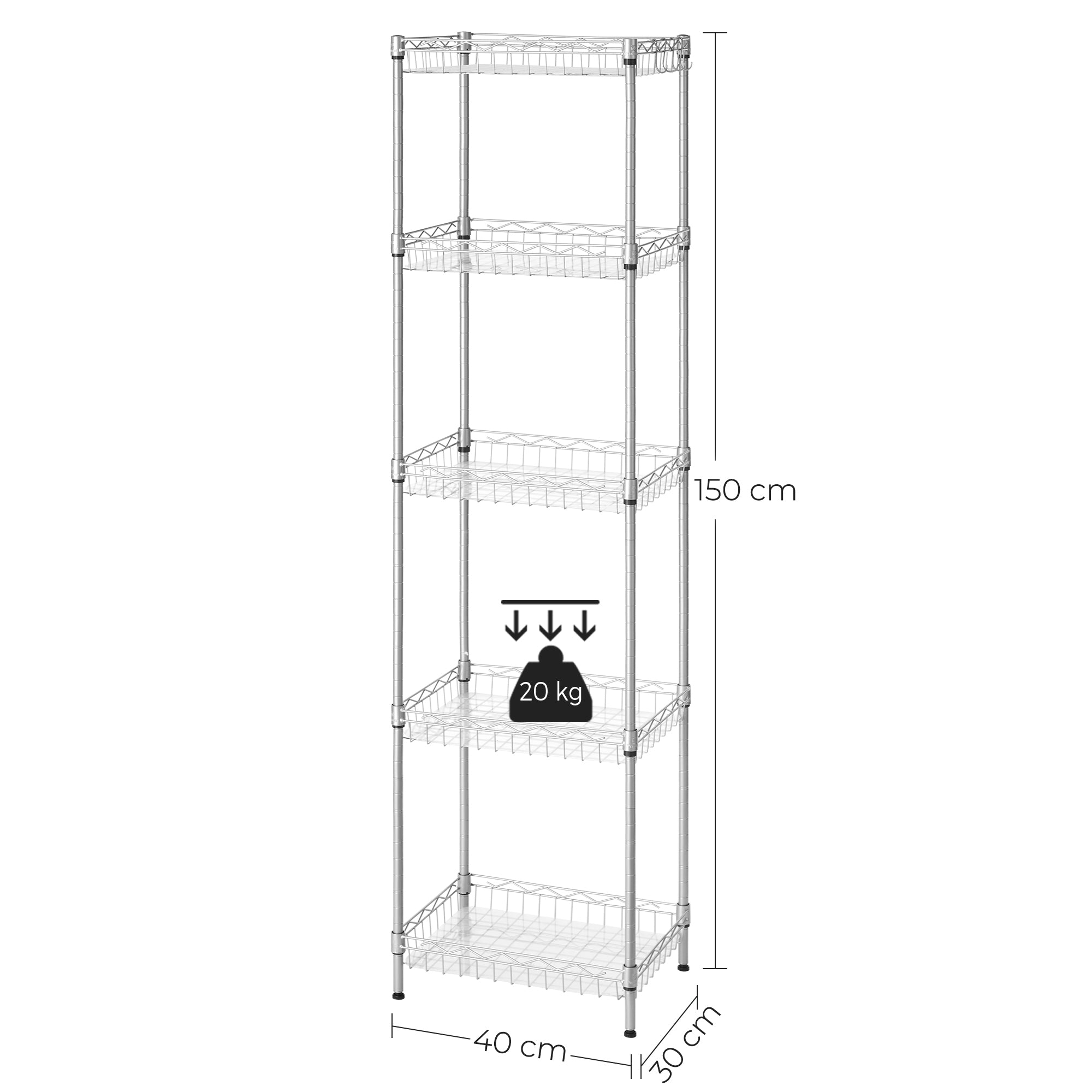 5-Tier Metal Storage Unit – Metal – Black – Adjustable Shelves with Hooks